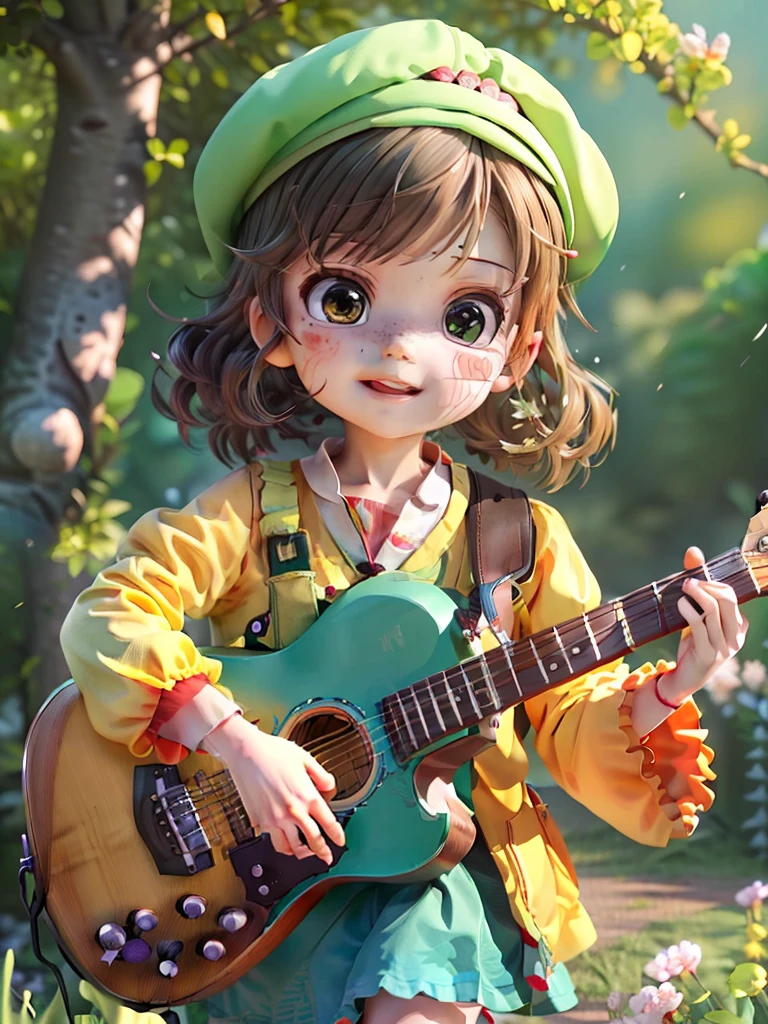 (Daisaku),(Need),(Super meticulous),(full bodyesbian:1.4),1girll,tchibi,adolable,ssmile,Open-mouthed,florals,exteriors,plays the guitar,music,beret,Hold the guitar,Manteau,Blushlush,The tree,:3,The shirt,short detailed hair,SakuraNS,green headwear,Blurred,A brown-haired,Blush stickers,longer sleeves,By bangs,Earphone,brunette color hair,pinkflower,(beautiful  detailed face),(美丽细致的眼睛),