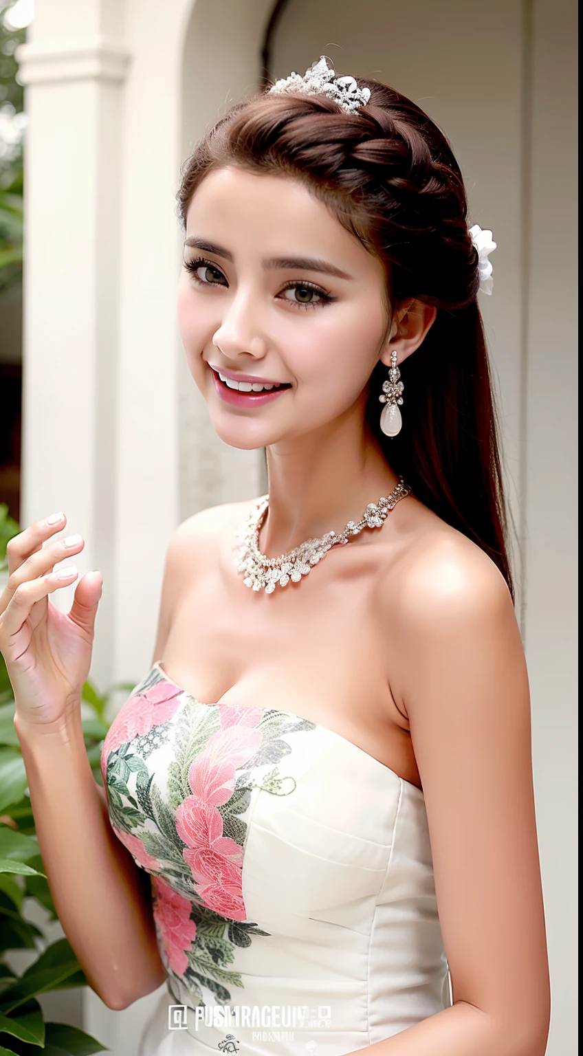Fashion model 18 years old [[[[closeup cleavage]]]], [[[[boobgasm]]]], [[[[coll]]]], [[[[bshoulders]]]], perfect  eyes, Perfect iris，Perfect lips，perfect teeth，Perfect skin，Long face，slender nose，Soft front light，hdr，Movie girl，on cheongsam，long whitr hair，Long hair with a shawl，Long hair like a waterfall，Green trees and flowers in the background，（pastel colour：1.2）