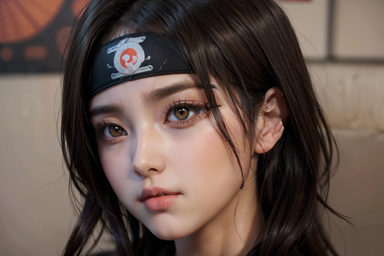 best quality, masterpiece, (realistic:1.2), 1 girl, brown hair, (Naruto cartoon) Uchiha Sharingan eyes,Front, detailed face, Senpou: Chou Odama Rasen Tarenga