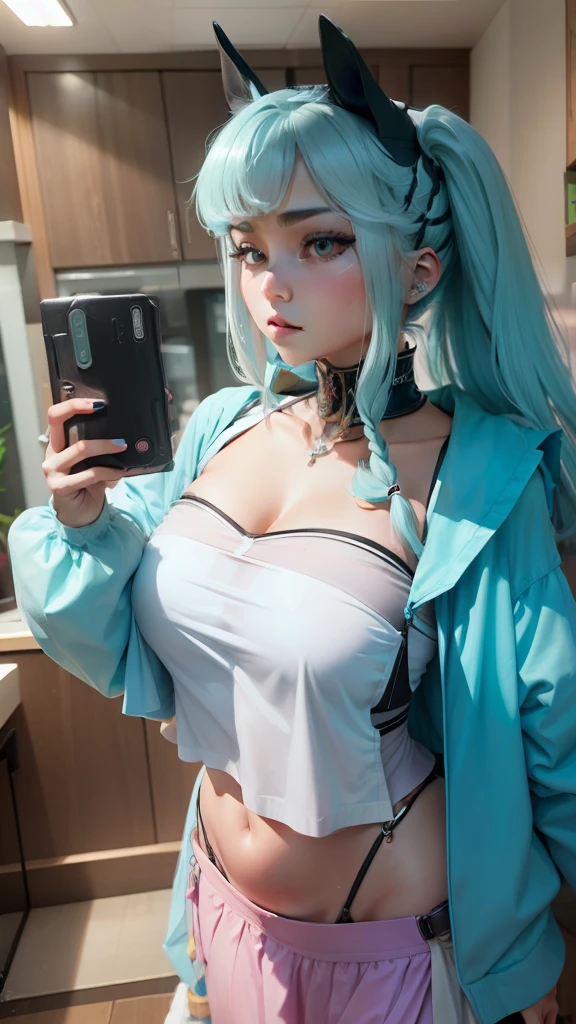 stocklings,Kuro Ayan,White face,dual horsetail,s delicate face,Protruding cleavage breasts,belly-bar