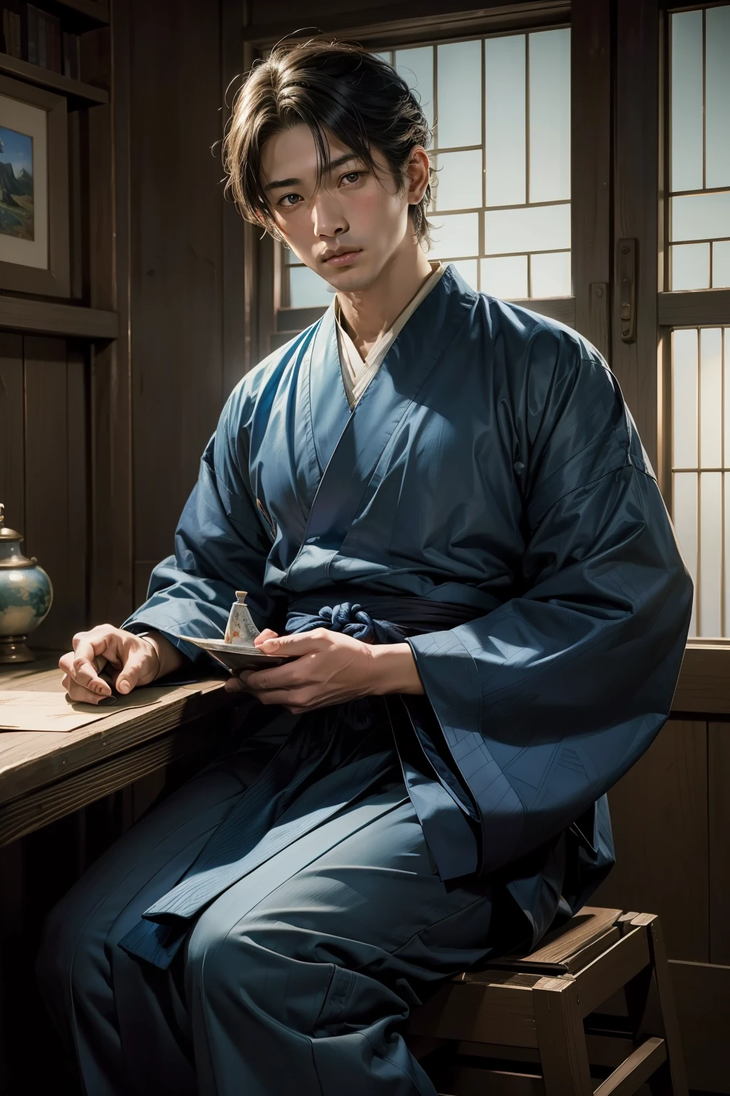 Repair hands、Yoshitoshi Tsukioka、kawase hasui、Man with a demon family、Beautiful and amazing face、((hightquality、8k、masterpiece:1.3))flawless,full color,blue clothes,beautiful boy,by the ouga,