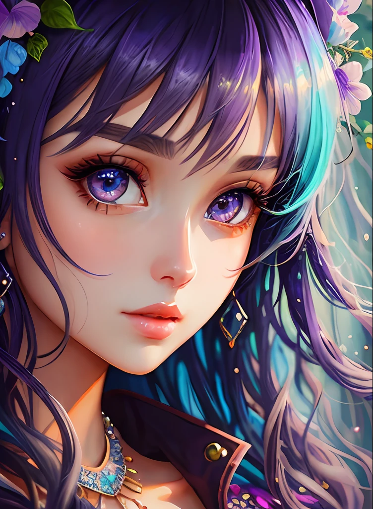 ((top-quality)), ((masterpiece)), ((realisitic)), (detaileds),anime styled、 (1人の女性)Close up portrait of woman with greenish-purple hair without hair ornament、Beautiful shining eyes, Like crystal clear glass、casual summer outfit、4K high-definition digital art、stunning digital illustration、Stunning 8K artwork、colorfull digital fantasy art、Colorful and bright、beautiful digital works of art、Colorful Digital Painting、digital anime art、Portrait of beautiful woman、8K HD Digital Wallpaper Art、 Gorgeous Digital Painting