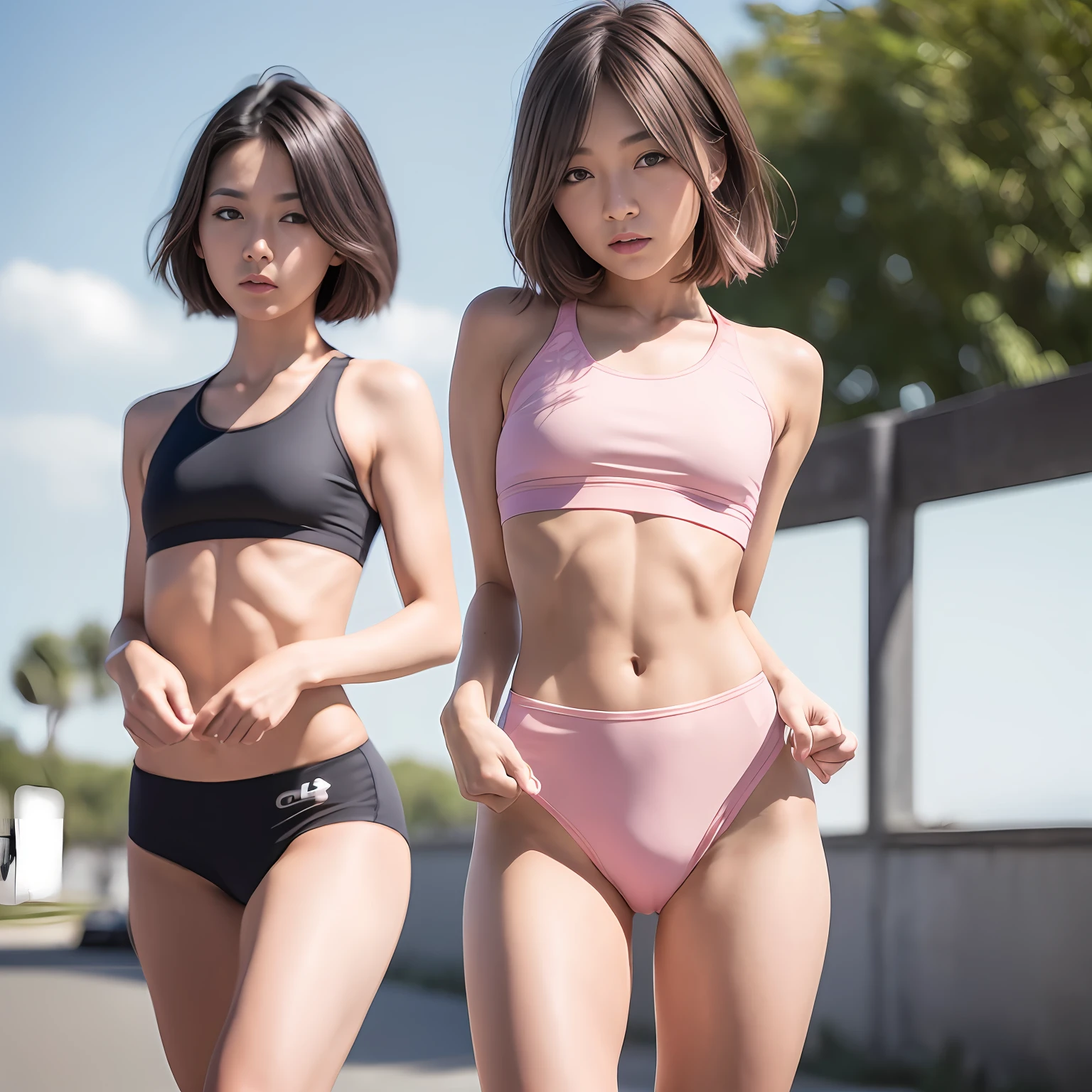 (Solo), (a detailed RAW photo of a girl), (masutepiece:1.0), (Best Quality:1.4), (超A high resolution:1.2), (Photorealistic:1.4), 8K resolution, Canon EOS R5, 35 millimeters, absurderes, ultra-detailliert, (25year old), Cinematic lighting, Detailed beautiful face, (no-makeup:1.2), (ulzzang -6500-v1.1), petite figure, Detailed skin texture, (flat chest:1.4), (skinny and fit body:1.6), Detailed brown hair, sweltering,(Very short hair:1.5), See Through wear, no bra, (gray black pink logo thin, fit tihit small running wear for competition :1.5), wind, More transparent, realistic glistening skin, Detailed texture, Cameltoe, well-developed abs, hip focus, blue sky, open legs pose, underboob,