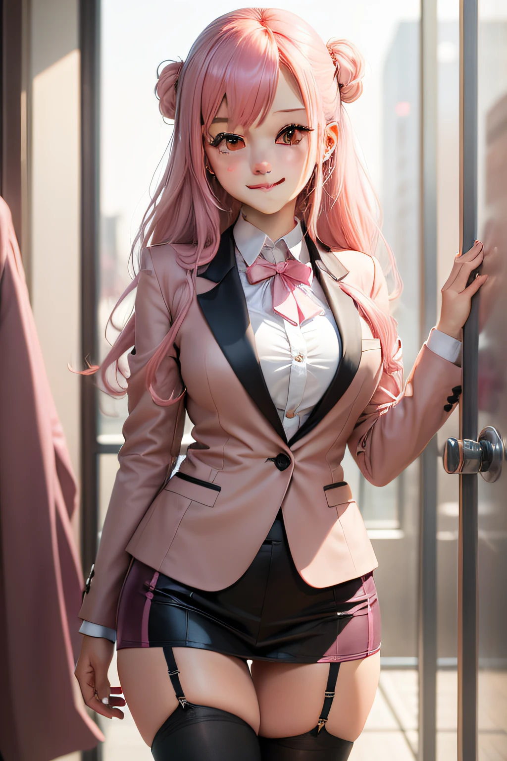 female,solo,blush,seductive smile,hair over shoulder,pink hair,(twin braids:0.1),bussiness suit,stockings,ahirusuwari