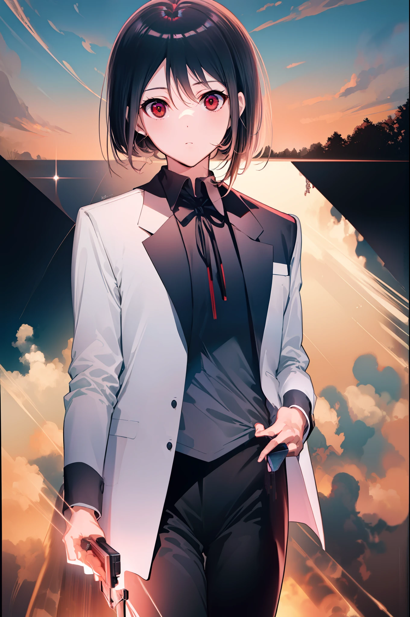 ((Primary work)), ((melhor qualidade)), High, ((((ultra detailed hands)))), (((((He has a fully detailed revolver in his right hand holding it correctly to fire)))))), (((A boy with short black hair and red eyes))), ((( (There is only one person)))), Kiyotaka Ayanokouji, ((((adolescente de 15 anos)))), (((men's school uniform white shirt black jacket open jacket long black pants))), ((Olhos vermelhos))), (((((cabelo preto curto))))))), ((corpo inteiro anatomicamente correto)), pernas normais, ((usa sapatos pretos)), ((He has a scared face and confusion)), ((Detailed full scenario)), ((mystery)), ((horror)), ((Tempo tenso)), Postura equilibrada, blush sutil | | | | | | | | | | | | | |, Pingente de cristal BREAK golden hour, (Rim lighting): 1.2, tons quentes, Brilho solar, sombras suaves, cores vibrantes, painterly effect, dreamy atmosphere BREAK scenic lake, montanhas distantes, salgueiro, calm water, reflection, nuvens iluminadas pelo sol, Tranquil setting, idyllic sunset, Ultra Detalhado, Arte Oficial, Unity 8k papel de parede, Zentangle, mandala