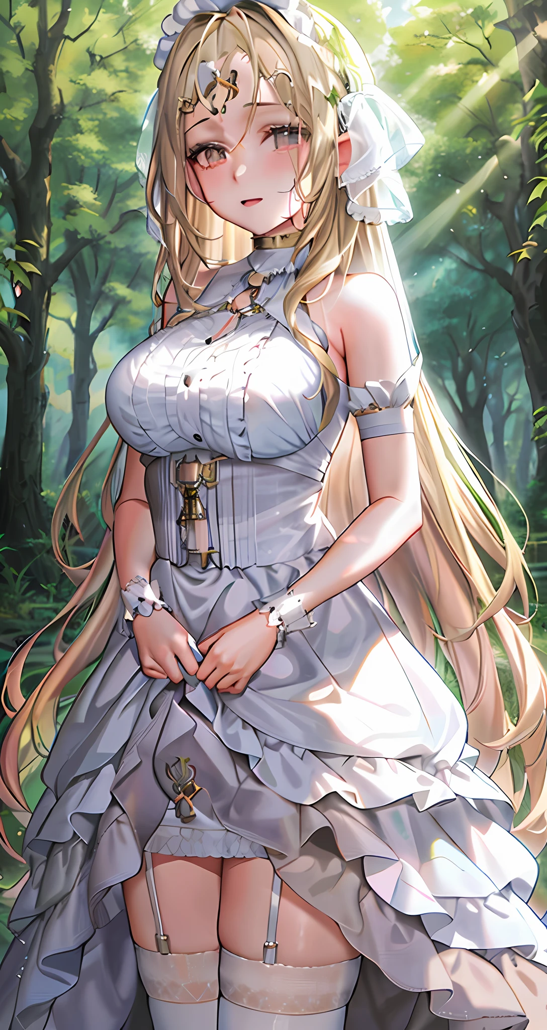 Anime girl in wedding dress standing in the forest,Kushatt Krenz Key Art Women,Yoshitoku Amano Carol Barker,A sexy maid in a magical forest,blond-haired princess,Loli in skirt and suspender stockings,anime goddess,beautiful teenage girl,Blonde anime girl with long hair,Detailed key anime art,high detailed official artwork。