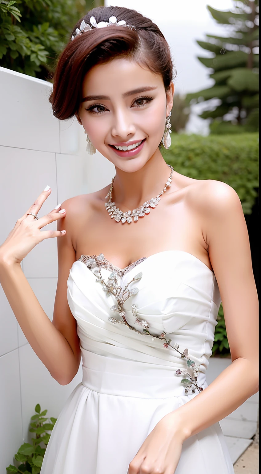 Fashion model 18 years old [[[[closeup cleavage]]]], [[[[boobgasm]]]], [[[[coll]]]], [[[[bshoulders]]]], perfect  eyes, Perfect iris，Perfect lips，perfect teeth，Perfect skin，Long face，slender nose，Soft front light，hdr，Movie girl，on cheongsam，long whitr hair，Long hair with a shawl，Long hair like a waterfall，Green trees and flowers in the background，（pastel colour：1.2）