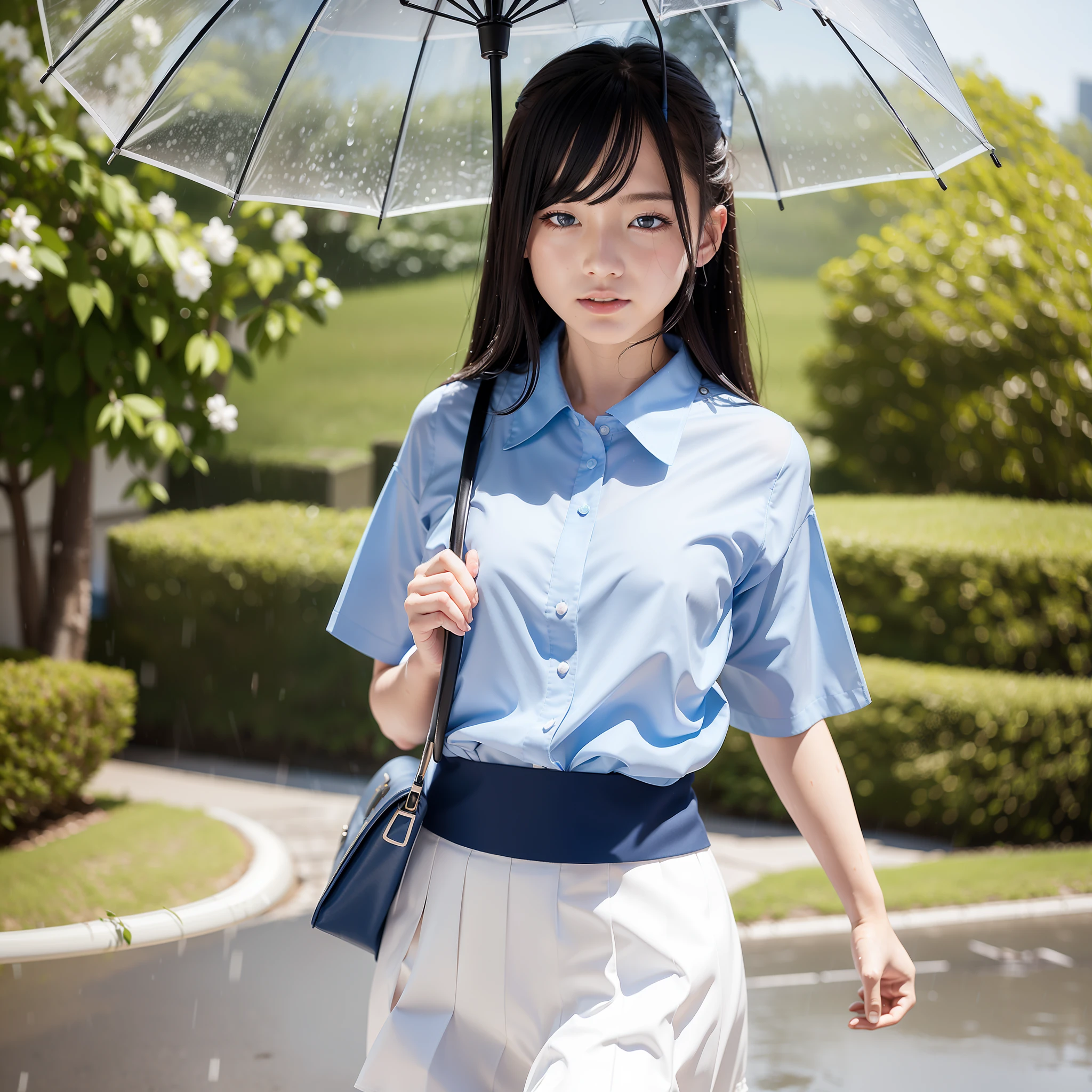 Delicate and masterpiece、beautifuldetails、fine detailed、On the way to school、Realistic Japan high school girl in school uniform with realistic white summer clothes short sleeve shirt and short navy blue skirt walking with umbrella in heavy wind and rain、Hair is wet from the wind、The uniform is wet from the rain and realistic underwear and human skin are see-through.、A realistic and realistic face singing in the rain、