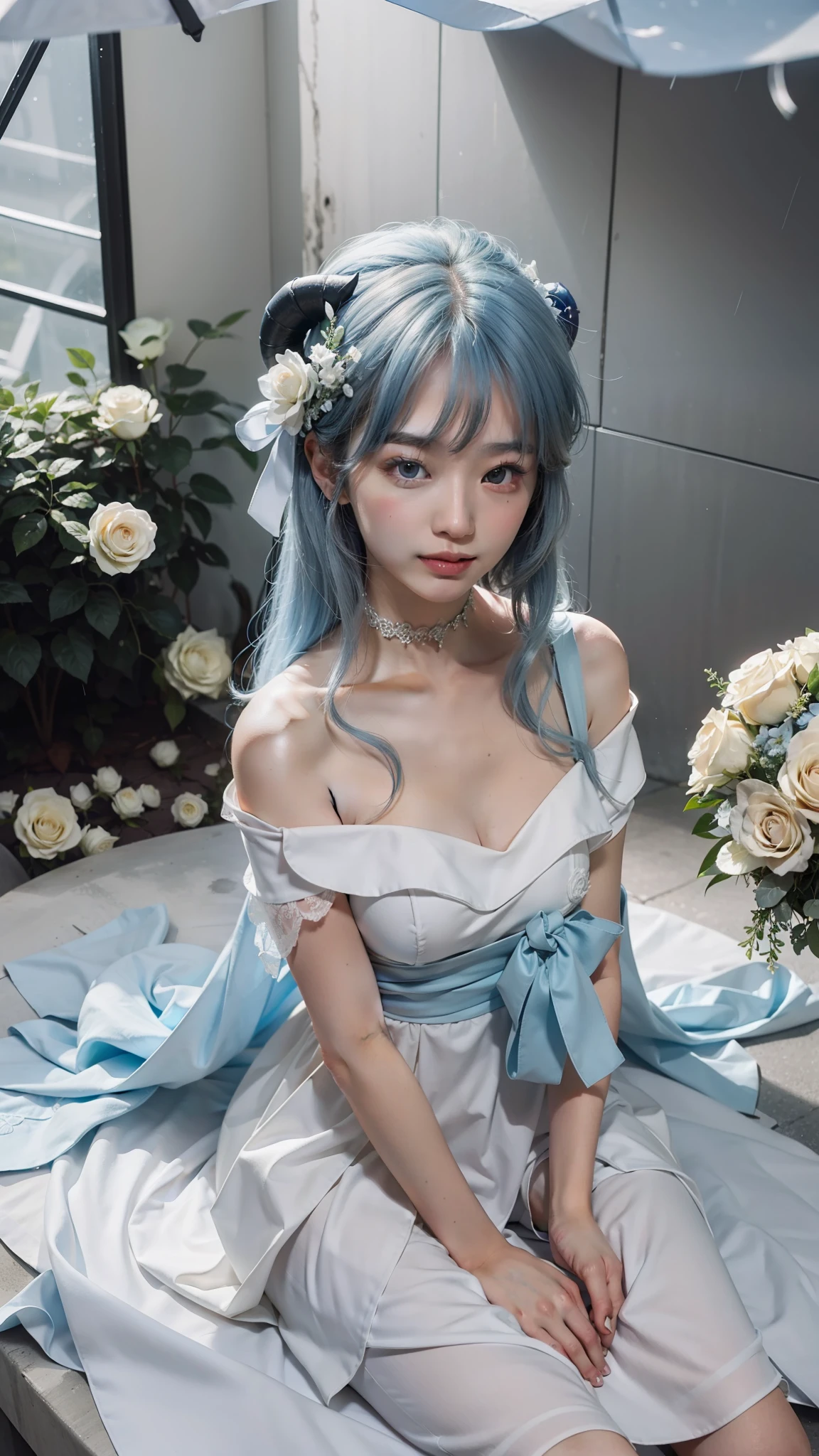 Best quality at best,超高分辨率,真实感,Beutiful women,Detailed facial details,Beautiful detailed eyes,light blue hair,light purple eyes,Red horns,Wearing a white and blue wedding dress,Behind it is a white rose,Very meticulous clothes,Young and cute Korean face,Sweet rain(the original god),plain face,haunting smile