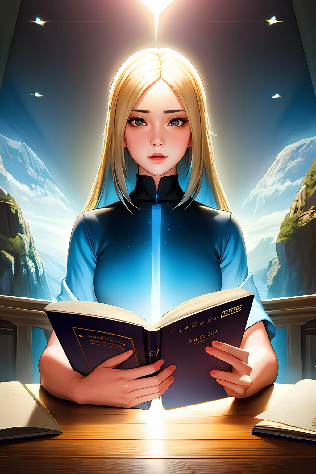 A portrait of a young woman read a book, Album cover art, arte por Alastair Reynolds, androgynous, blue light
