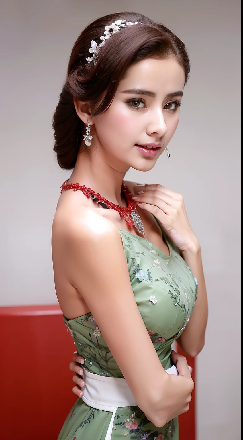 Fashion model 18 years old [[[[closeup cleavage]]]], [[[[boobgasm]]]], [[[[coll]]]], [[[[bshoulders]]]], perfect  eyes, Perfect iris，Perfect lips，perfect teeth，Perfect skin，Long face，slender nose，Soft front light，hdr，Movie girl，on cheongsam，long whitr hair，Long hair with a shawl，Long hair like a waterfall，Green trees and flowers in the background，（pastel colour：1.2）