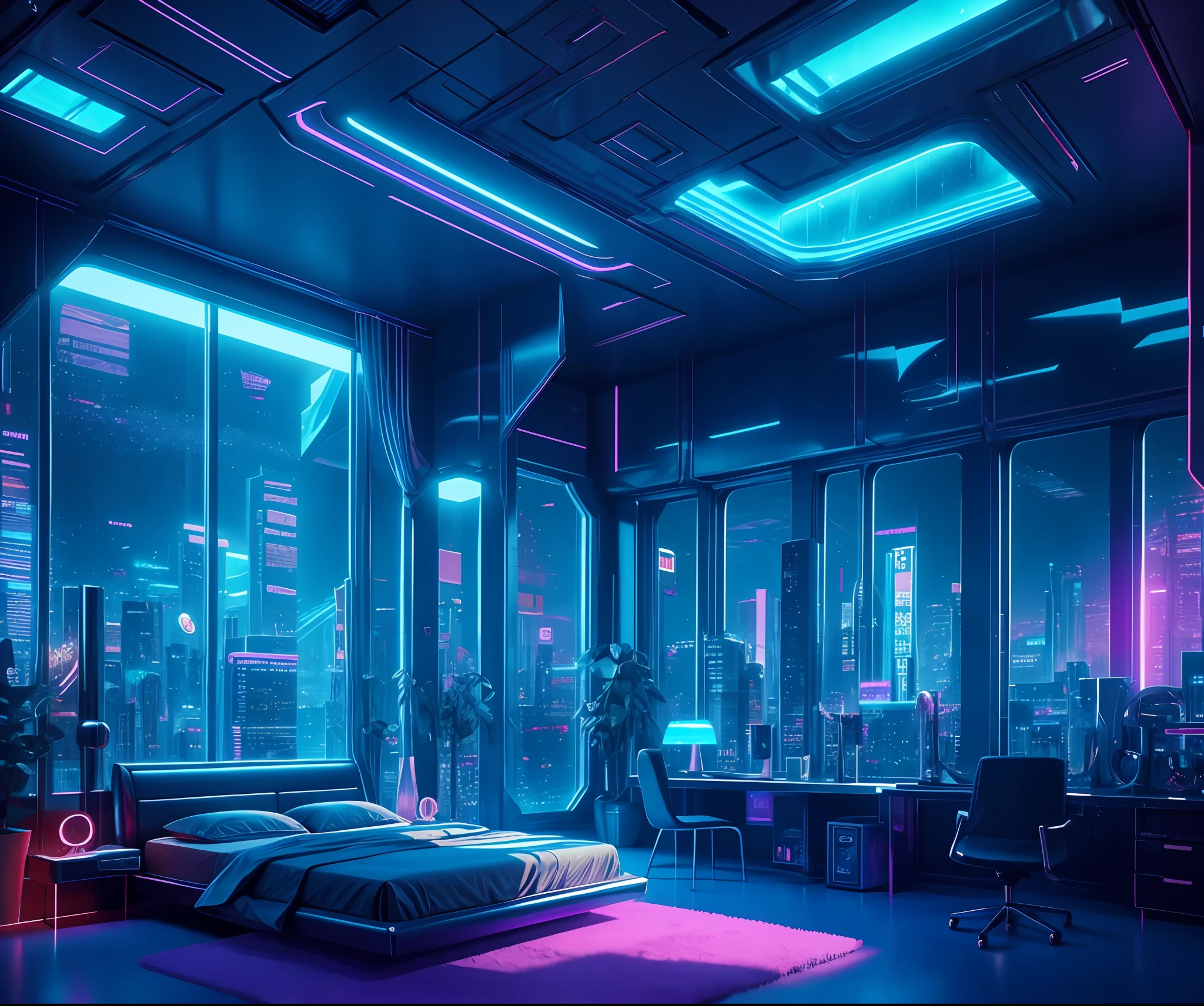 （（tmasterpiece）），（hyper-detailing），（Complicated details），（High resolution CGI artwork 8k），Image of futuristic cyberpunk bedroom。One of the walls should have a large window，There's a busy one above、extremely colorful、Detailed cyberpunk cityscape。Futuristic style，There are many colors and LED lights。The cityscape should be very detailed，depth of fields。Create depth with atmospheric lighting，Evoke the feeling of a busy futuristic city outside the window。Extremely sci-fi interior，Pay close attention to facial details，Such as complex、Hire eyes and bedroom accents。cameras：Wide-angle lens showing rooms and windows。The window should be the focal point of the image。illuminating：Use atmospheric and volumetric lighting to enhance cityscape detail。The room should be illuminated by the neon lights of the cityscape。