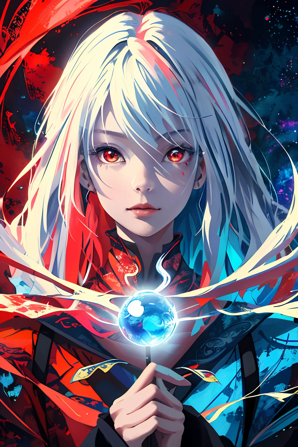 realisticlying、Masterpiece quality、best qualtiy、offcial art、Beauty and aesthetics:1.2、Very detailed fractal art、Colorful abstract background、Kizi、Kamimei、The color hair、long whitr hair、luminous red eyes、Mysterious magic、Girl of Ice and Fire,Red and blue color scheme,cinematric light