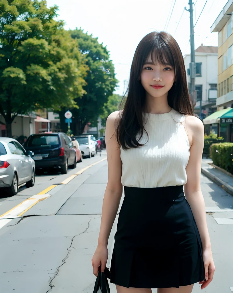 Woman Standing On Street Corner、top-quality、女の子 1 a person、middlebreasts、tag、blur backgroun、Slender Line、bokeh dof、outside of house、(Street:0.8)、(a person々、Large crowds:1)、Sleeveless knitwear、onepiece、Ankle-length tight skirt、a gorgeous(long hair up to the waist：1.4、Floating hair、Forehead:0.8)、Beautiful sky with details、耳Nipple Ring、(dynamicposes:1.2)、 (full body Esbian：1.2)、Soft lighting、the wind、glowy skin、Happy face、Sauce order、A gaze that looks at the viewer、A dark-haired、Glossy hair、sandal、A smile、