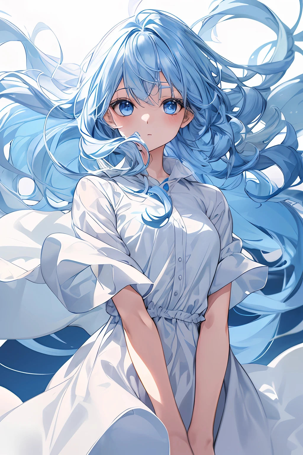 1 girl, light blue hair long and slightly curly at the end, clear and blue eyes, wearing a white shirt dress, beautiful, cold, hair blowing in the wind