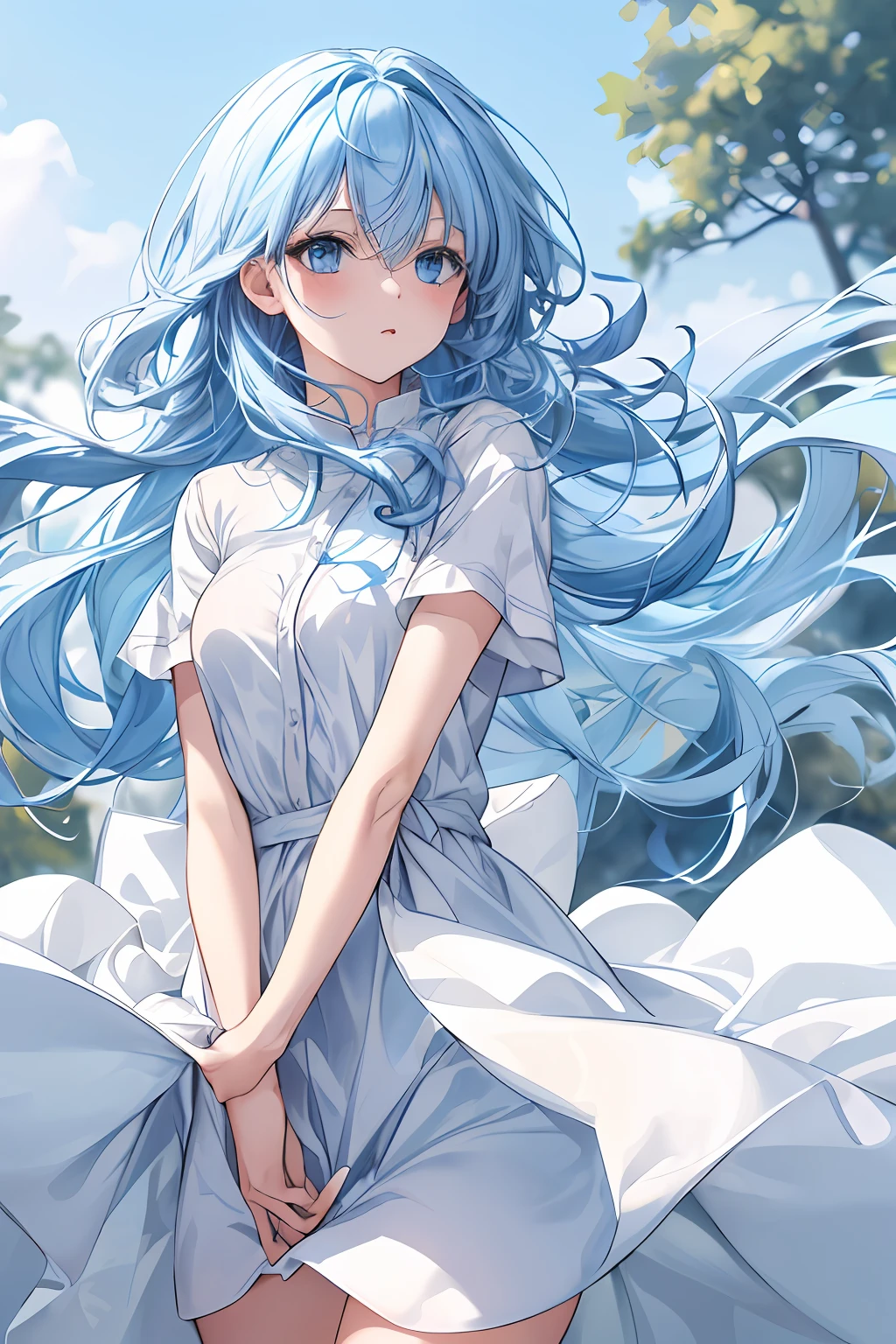 1 girl, light blue hair long and slightly curly at the end, clear and blue eyes, wearing a white shirt dress, beautiful, cold, hair blowing in the wind