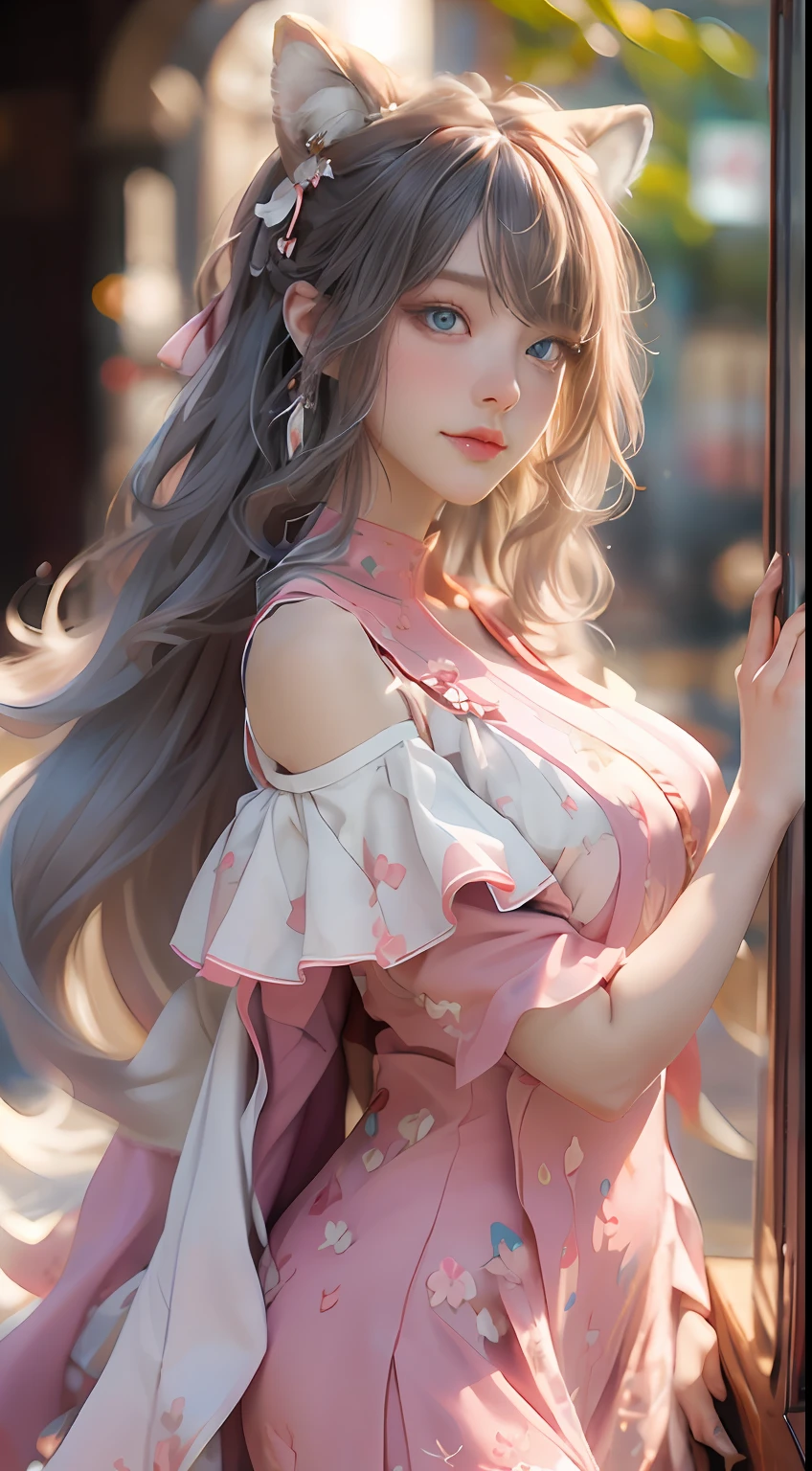 ((best qualtiy)), ((tmasterpiece)), (detail:1.4), Beautiful cyberpunk female images,hdr(HighDynamicRange),Ray traching,NVIDIA RTX,Hyper-Resolution,illusory 5,sub surface scattering,PBR textures,post-proces,Anisotropy Filtering,depth of fields,maximum definition and sharpness,Many-Layer Textures,Albedo e mapas Speculares,Surface coloring,Mitsu-Accurate simulation of material interactions,perfectly proportioned,rendering by octane,Two-colored light,largeaperture,Low ISO,White balance,Rule three points、8K raw data、Beautiful bright blue pupils,off-the-shoulder clothes,Fine pupils,Delicate face and eyes,long eyelasher,Blushlush,Delicate and fluffy hair,pink lip,Pure,Cute face,Sweet girl,Artistic sense,Casual wear,Advancedsense,butterflys,Cherry blossom petal,Beautiful hair accessories,Long hair and waist,Hair fluttering in the wind,Snow-white fox ears,curlies,Snow-white fluffy tail,Positive light,The light from the back window is backlighted