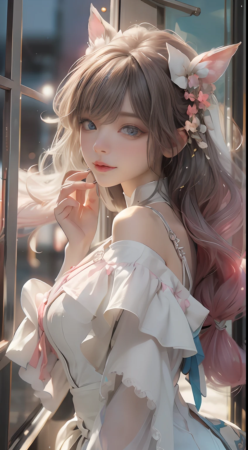 （（best qualtiy））， （（tmasterpiece））， （detail：1.4）， Beautiful cyberpunk female images，hdr（HighDynamicRange），Ray traching，NVIDIA RTX，Hyper-Resolution，illusory 5，sub surface scattering，PBR textures，post-proces，Anisotropy Filtering，depth of fields，maximum definition and sharpness，Many-Layer Textures，Albedo e mapas Speculares，Surface coloring，Mitsu-Accurate simulation of material interactions，perfectly proportioned，rendering by octane，Two-colored light，largeaperture，Low ISO，White balance，Rule three points、8K raw data、Beautiful bright blue pupils，off-the-shoulder clothes，Fine pupils，Delicate face and eyes，long eyelasher，Blushlush，Delicate and fluffy hair，pink lip，Pure，Cute face，Sweet girl，Artistic sense，Casual wear，Advancedsense，butterflys，Cherry blossom petal，Beautiful hair accessories，Long hair and waist，Hair fluttering in the wind，Snow-white fox ears，curlies，Snow-white fluffy tail，Positive light，The light from the back window is backlighted