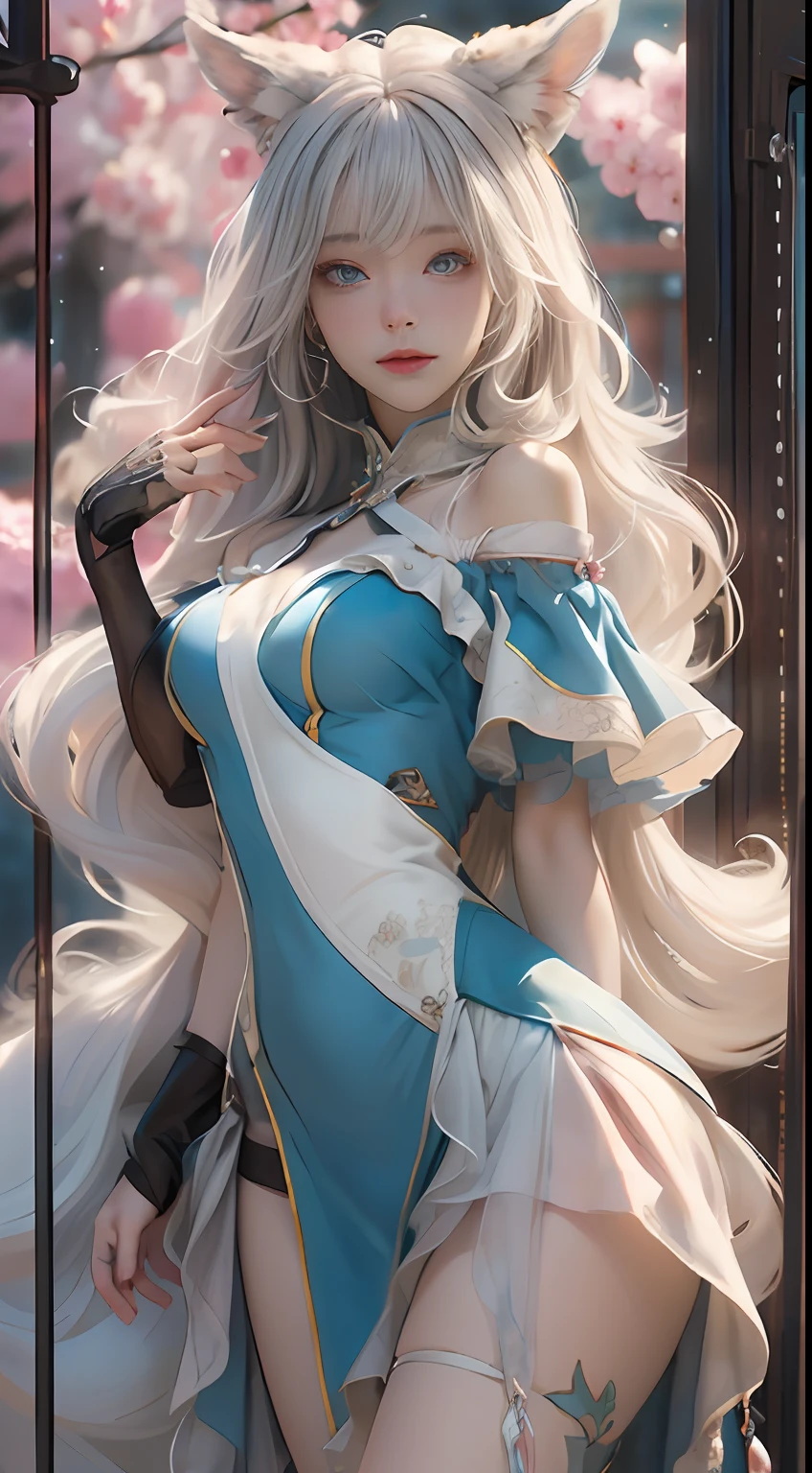 ((best qualtiy)), ((tmasterpiece)), (detail:1.4), Beautiful cyberpunk female images,hdr(HighDynamicRange),Ray traching,NVIDIA RTX,Hyper-Resolution,illusory 5,sub surface scattering,PBR textures,post-proces,Anisotropy Filtering,depth of fields,maximum definition and sharpness,Many-Layer Textures,Albedo e mapas Speculares,Surface coloring,Mitsu-Accurate simulation of material interactions,perfectly proportioned,rendering by octane,Two-colored light,largeaperture,Low ISO,White balance,Rule three points、8K raw data、Beautiful bright blue pupils,off-the-shoulder clothes,Fine pupils,Delicate face and eyes,long eyelasher,Blushlush,Delicate and fluffy hair,pink lip,Pure,Cute face,Sweet girl,Artistic sense,Casual wear,Advancedsense,butterflys,Cherry blossom petal,Beautiful hair accessories,Long hair and waist,Hair fluttering in the wind,Snow-white fox ears,curlies,Snow-white fluffy tail,Positive light,The light from the back window is backlighted