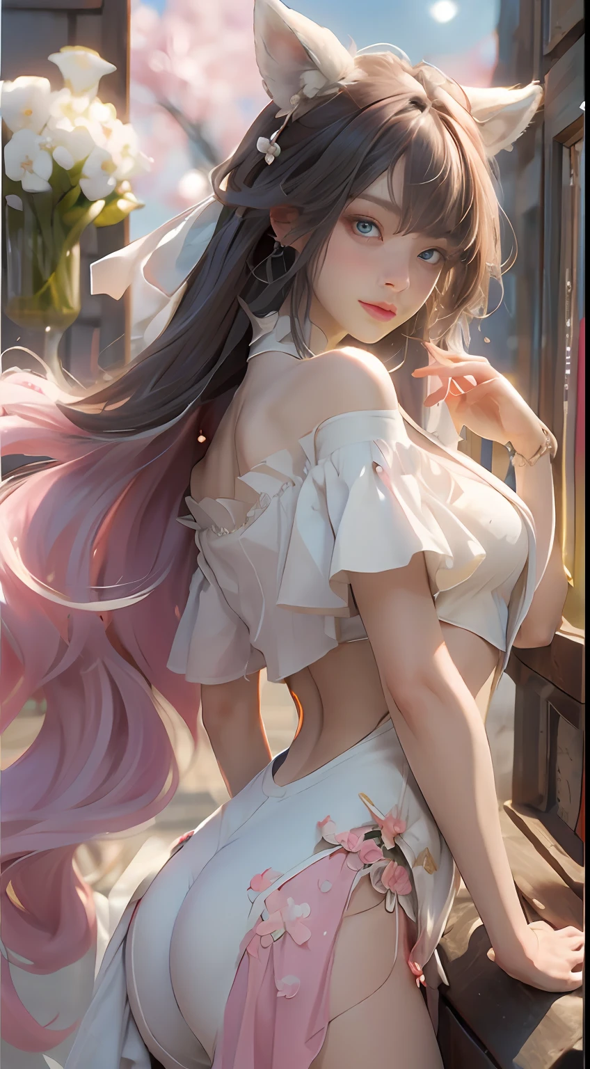 （（best qualtiy））， （（tmasterpiece））， （detail：1.4）， Beautiful cyberpunk female images，hdr（HighDynamicRange），Ray traching，NVIDIA RTX，Hyper-Resolution，illusory 5，sub surface scattering，PBR textures，post-proces，Anisotropy Filtering，depth of fields，maximum definition and sharpness，Many-Layer Textures，Albedo e mapas Speculares，Surface coloring，Mitsu-Accurate simulation of material interactions，perfectly proportioned，rendering by octane，Two-colored light，largeaperture，Low ISO，White balance，Rule three points、8K raw data、Beautiful bright blue pupils，off-the-shoulder clothes，Fine pupils，Delicate face and eyes，long eyelasher，Blushlush，Delicate and fluffy hair，pink lip，Pure，Cute face，Sweet girl，Artistic sense，Casual wear，Advancedsense，butterflys，Cherry blossom petal，Beautiful hair accessories，Long hair and waist，Hair fluttering in the wind，Snow-white fox ears，curlies，Snow-white fluffy tail，Positive light，The light from the back window is backlighted