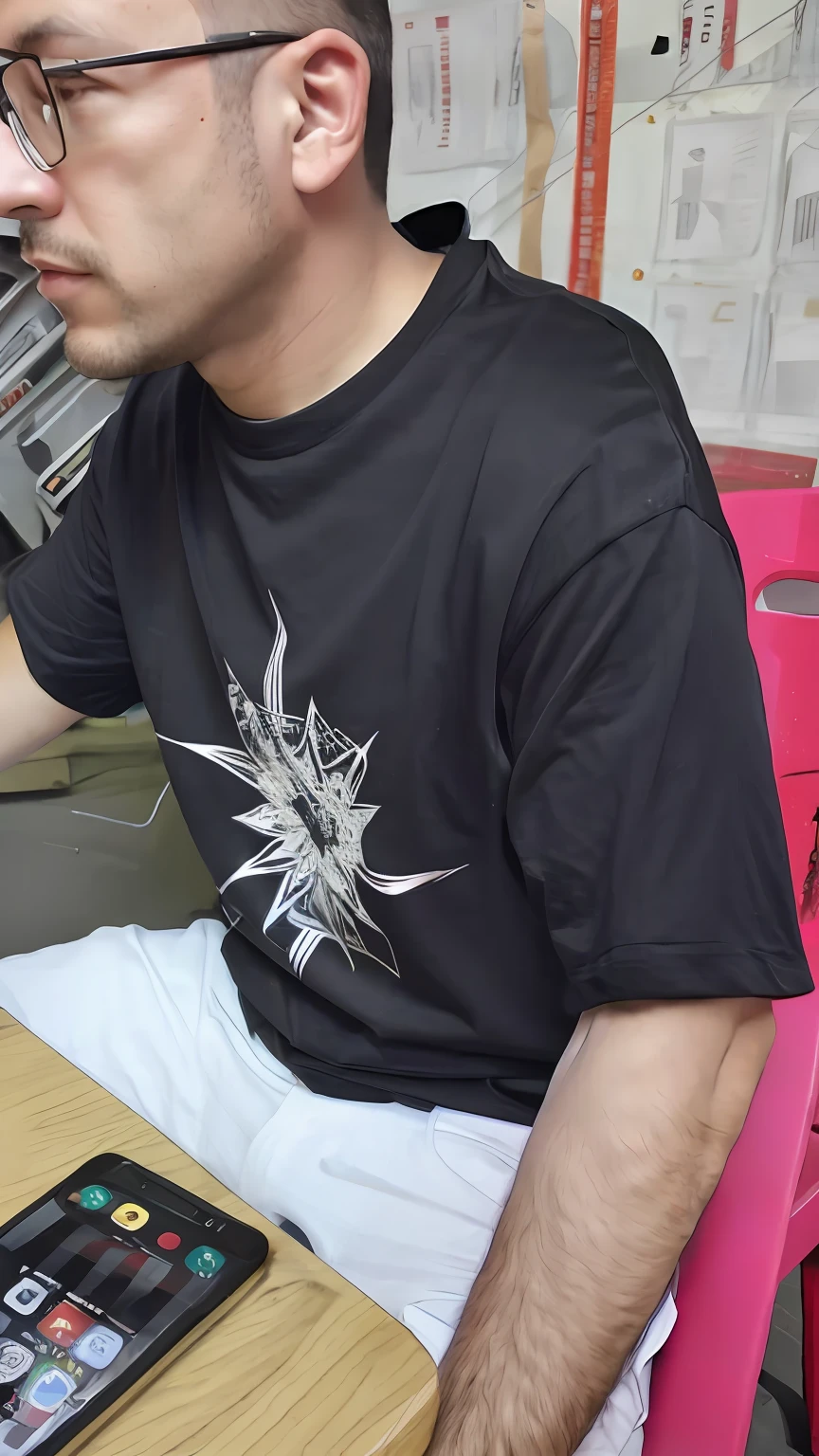 there is a man sitting at a table with a cell phone, silkscreen t-shirt art, design for tshirt, shirt art, a tshirt. blender art, inspired by Shunbaisai Hokuei, silk screen t-shirt design 4k, black t-shirts, wearing a black t-shirt, design for tshirt, screen print, tee shirt!!, black shirt,Red stars
