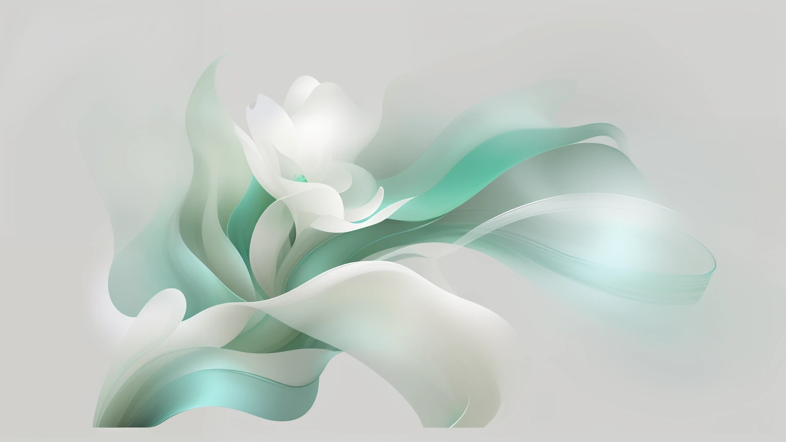 there is a white flower with green leaves on a gray background, silk flowing in wind, organic flowing background, interacte smooth flowing lines, beautiful brush stroke rendering, flowing aqua silk, Flowing realistic fabric, abstract cloth simulation, flowing material, sleek flowing shapes, soft digital painting, soft organic abstraction, flowing teal-colored silk, glossy digital painting