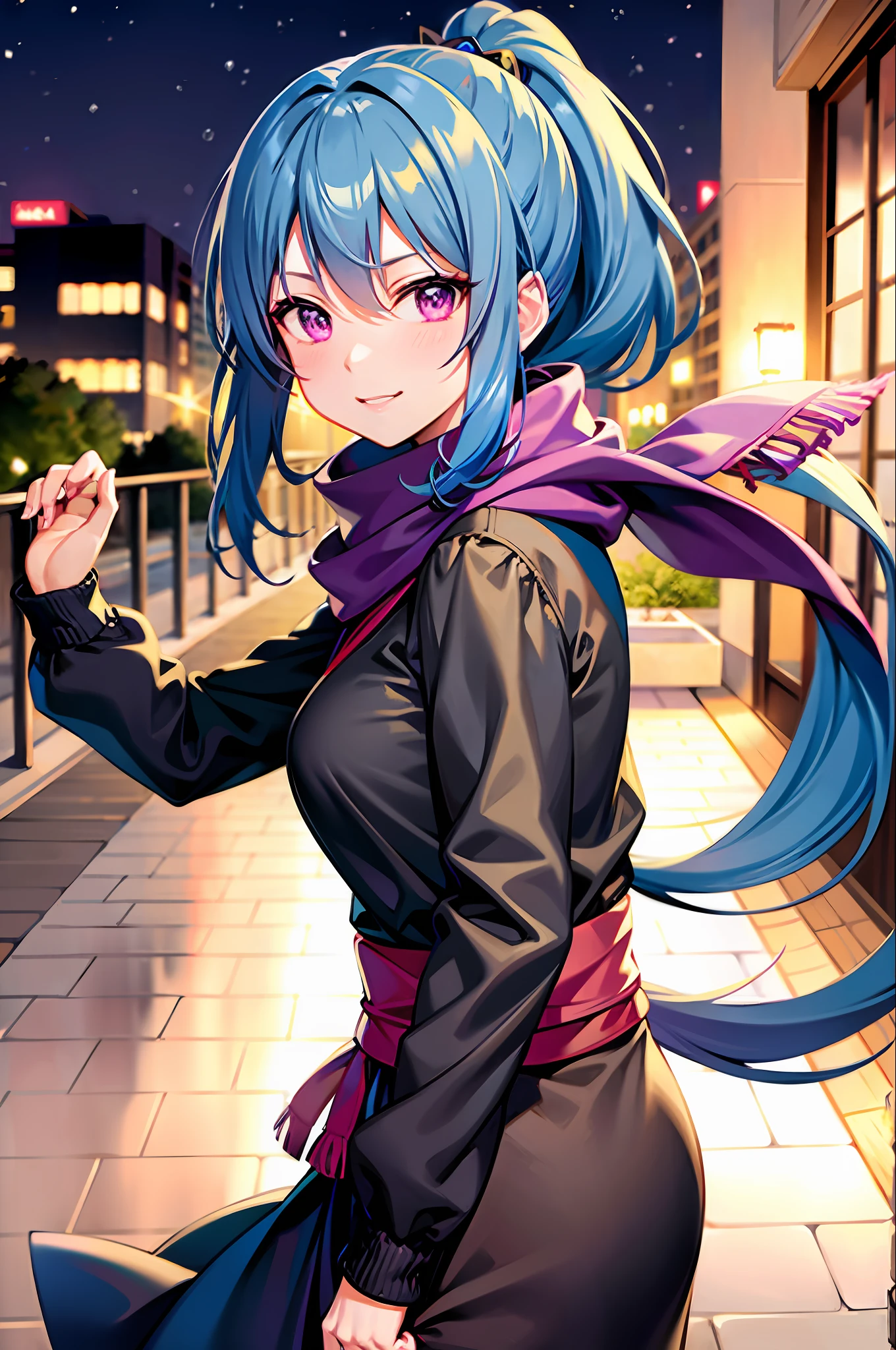 anime girl with blue hair, hair ornament, long hair, solo, hairclip, scarf, blush, ninja, night, ponytail, looking at viewer, purple eyes, smile
