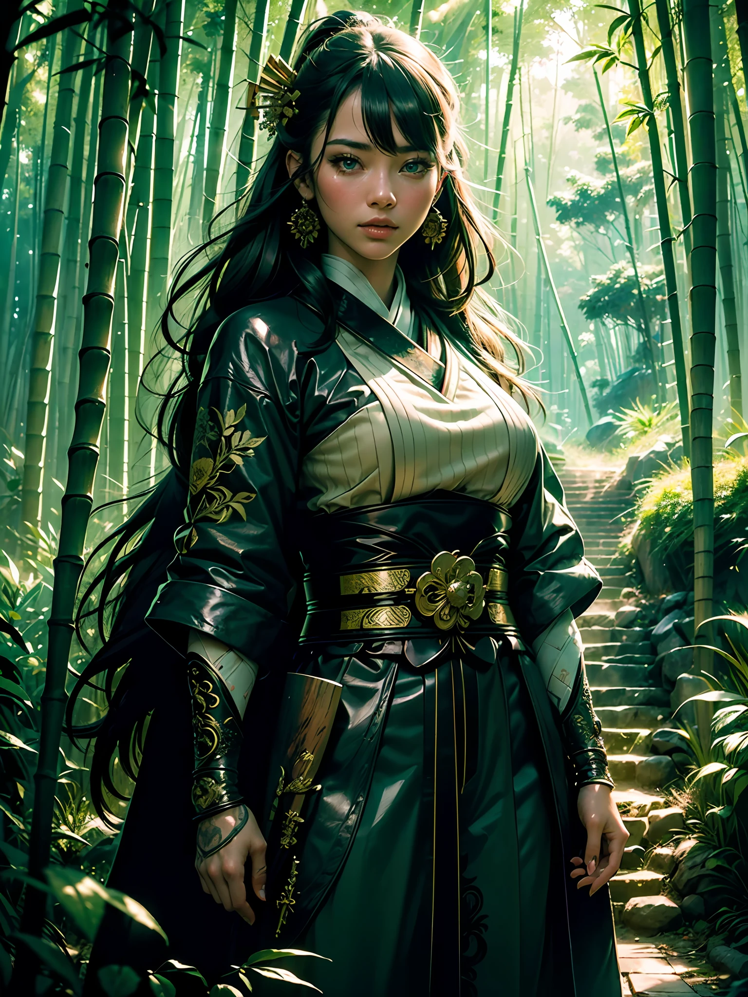 (masterpiece), (best quality), ((ultra-detailed)), (hyperrealistic), (highly detailed photo), cinematic lighting, photorealistic, portrait, extremely beautiful young lady going through the bamboo forest, light makeup, intricate detailed eaba, samurai, shining, gloss, crisp, flirty, epic, focus, high contrast, artistic