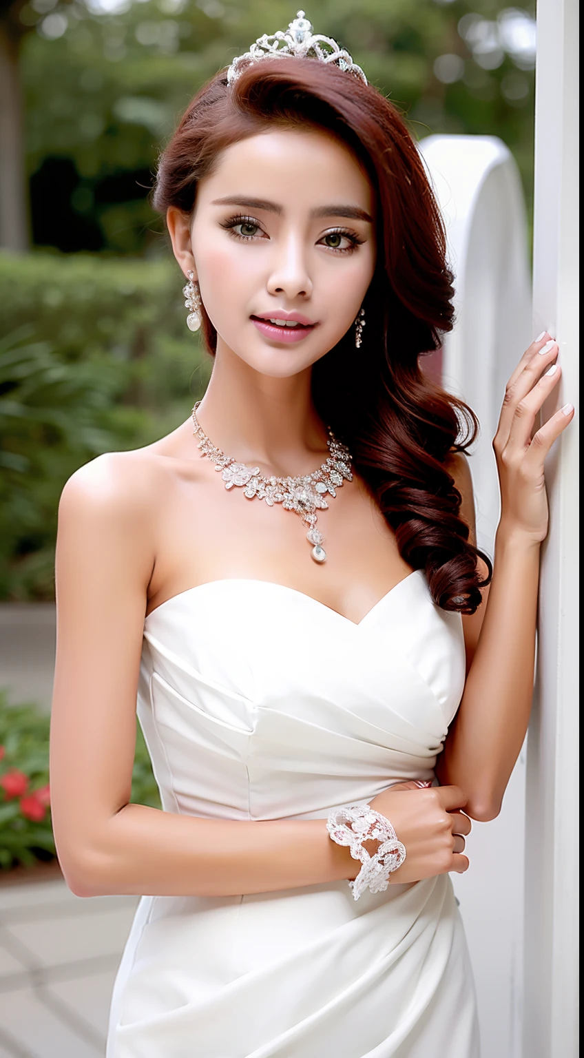 Fashion model 18 years old [[[[closeup cleavage]]]], [[[[boobgasm]]]], [[[[coll]]]], [[[[bshoulders]]]], perfect  eyes, Perfect iris，Perfect lips，perfect teeth，Perfect skin，Long face，slender nose，Soft front light，hdr，Movie girl，on cheongsam，long whitr hair，Long hair with a shawl，Long hair like a waterfall，Green trees and flowers in the background，（pastel colour：1.2）