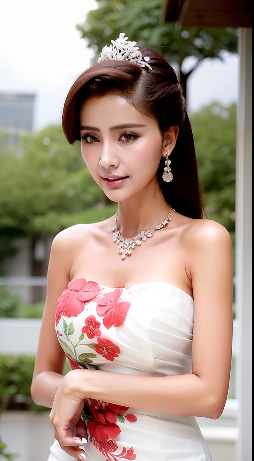Fashion model 18 years old [[[[closeup ]]]], [[[[boobgasm, [[[[coll]]]], [[[[bshoulders]]]], perfect  eyes, Perfect iris，Perfect lips，perfect teeth，Perfect skin，Long face，slender nose，Soft front light，hdr，Movie girl，on cheoong whitr hair，Long hair with a shawl，Long hair like a waterfall，Green trees and flowers in the background，（pastel colour：1.2）