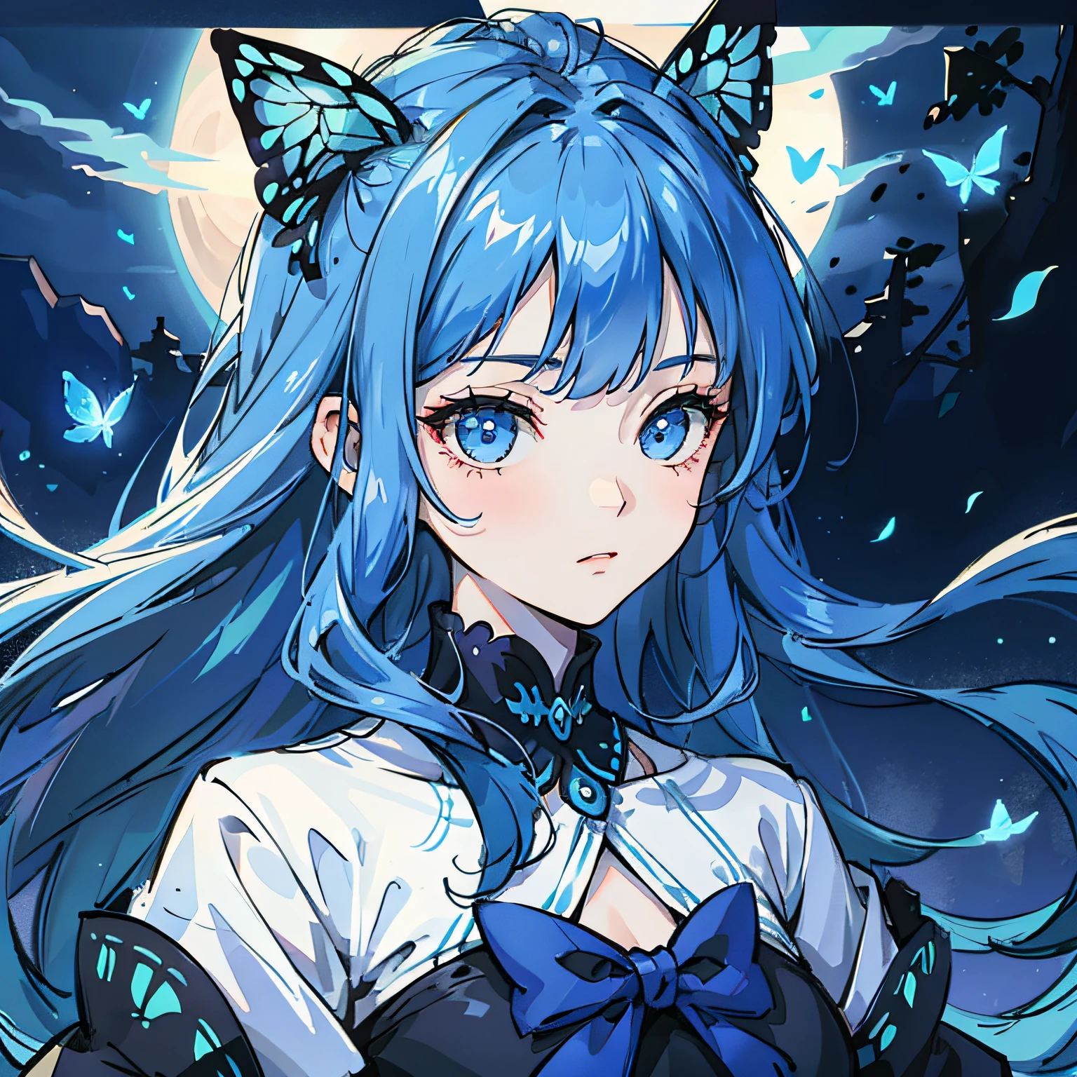 Under the moon, High cold girl, Blue hair, Butterfly, frontage, Ancient style