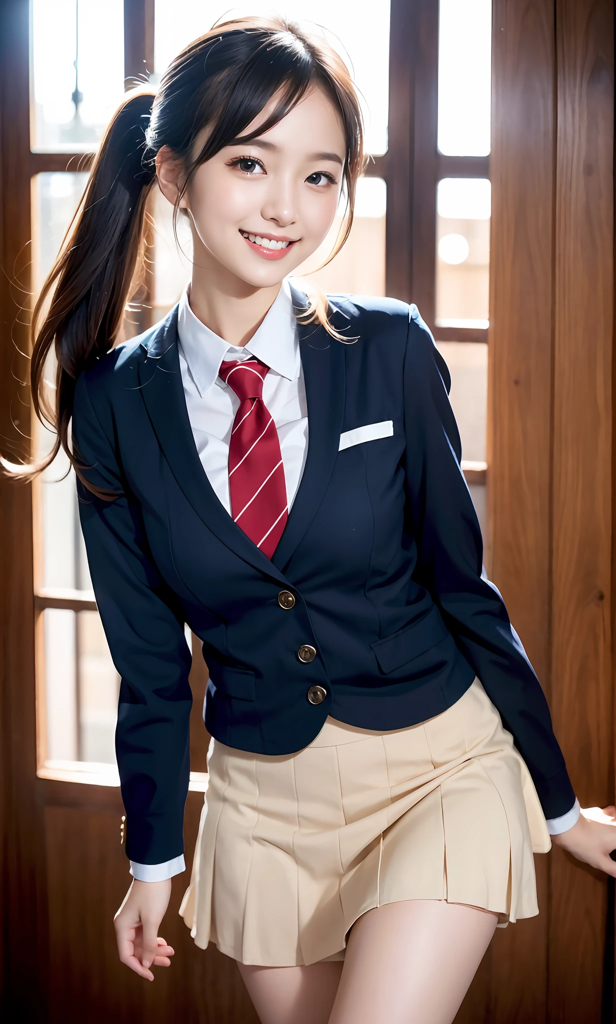 waving, slender legs, ponytail, unparalleled beauty, cute face, best smile, cute smile, frontal, slender, straight hair, school, ulzzang-6500-v1.1, (raw photo: 1.2), (photorealistic: 1.4), beautiful detailed girl, very detailed eyes and face, beautiful detailed eyes, huge file size, high resolution, very detailed, best quality, masterpiece, (( Japan Girls' High School Uniform)), very detailed, CG, 8k wallpaper, fantastic, fine detail, top quality, highly detailed CG uniform, light on face, movie lighting, 16 year old girl,