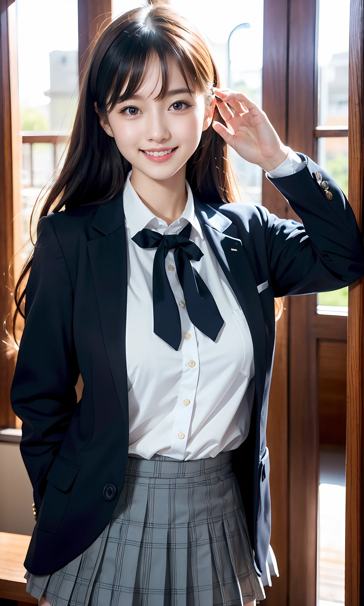 waving, slender legs, ponytail, unparalleled beauty, cute face, best smile, cute smile, frontal, slender, straight hair, school, ulzzang-6500-v1.1, (raw photo: 1.2), (photorealistic: 1.4), beautiful detailed girl, very detailed eyes and face, beautiful detailed eyes, huge file size, high resolution, very detailed, best quality, masterpiece, (( Japan Girls' High School Uniform)), very detailed, CG, 8k wallpaper, fantastic, fine detail, top quality, highly detailed CG uniform, light on face, movie lighting, 16 year old girl,