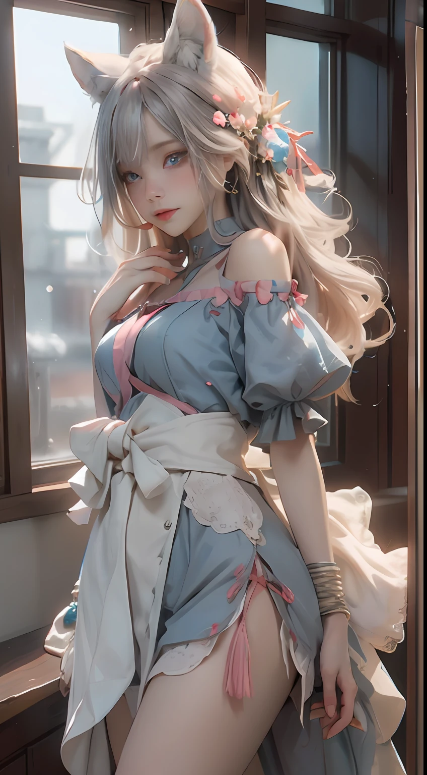 ((best qualtiy)), ((tmasterpiece)), (detail:1.4), Beautiful cyberpunk female images,hdr(HighDynamicRange),Ray traching,NVIDIA RTX,Hyper-Resolution,illusory 5,sub surface scattering,PBR textures,post-proces,Anisotropy Filtering,depth of fields,maximum definition and sharpness,Many-Layer Textures,Albedo e mapas Speculares,Surface coloring,Mitsu-Accurate simulation of material interactions,perfectly proportioned,rendering by octane,Two-colored light,largeaperture,Low ISO,White balance,Rule three points、8K raw data、Beautiful bright blue pupils,off-the-shoulder clothes,Fine pupils,Delicate face and eyes,long eyelasher,Blushlush,Delicate and fluffy hair,pink lip,Pure,Cute face,Sweet girl,Artistic sense,Casual wear,Advancedsense,butterflys,Cherry blossom petal,Beautiful hair accessories,Long hair and waist,Hair fluttering in the wind,Snow-white fox ears,curlies,Snow-white fluffy tail,Positive light,The light from the back window is backlighted