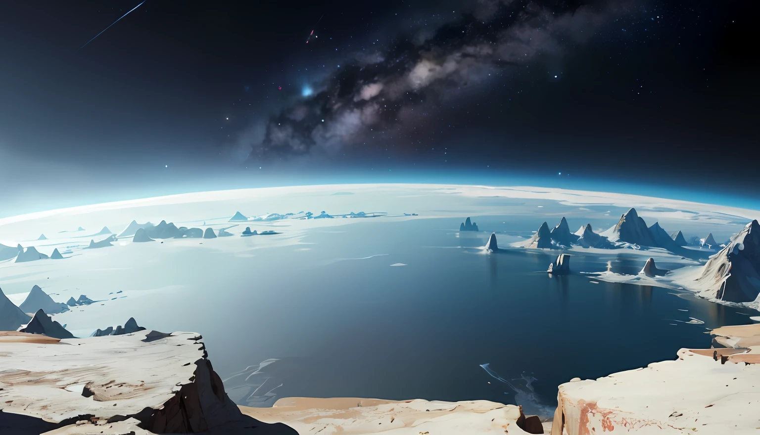 The end of the world， （（super wide shot）），in a panoramic view，Large depth of field，Space overlook， Tone-mapping， Dramatic lighting， （8K分辨率）， 8k， 8kres， nipple chain， Best composition， The landscape， droid， space craft，