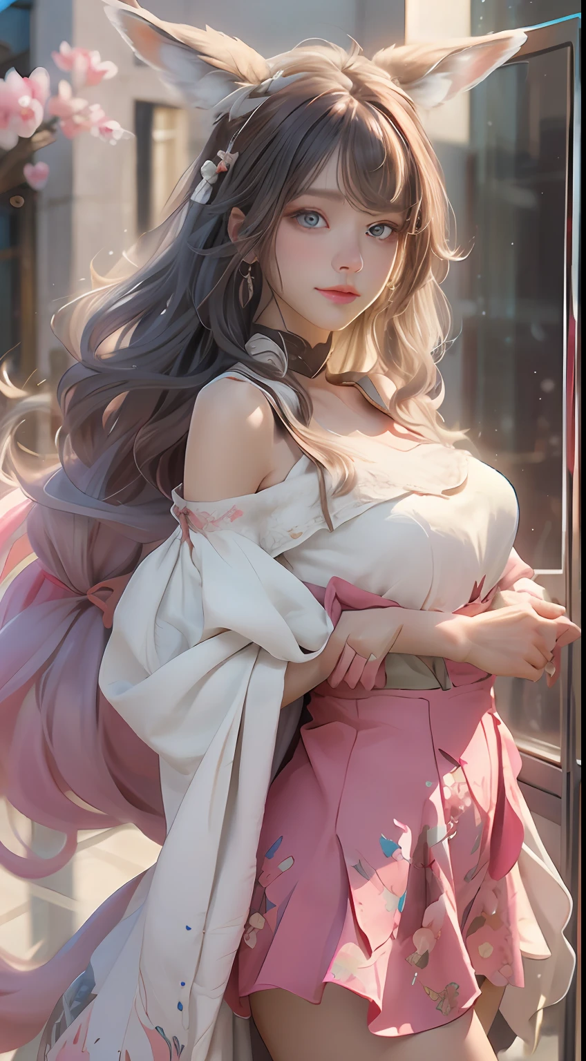 （（best qualtiy））， （（tmasterpiece））， （detail：1.4）， Beautiful cyberpunk female images，hdr（HighDynamicRange），Ray traching，NVIDIA RTX，Hyper-Resolution，illusory 5，sub surface scattering，PBR textures，post-proces，Anisotropy Filtering，depth of fields，maximum definition and sharpness，Many-Layer Textures，Albedo e mapas Speculares，Surface coloring，Mitsu-Accurate simulation of material interactions，perfectly proportioned，rendering by octane，Two-colored light，largeaperture，Low ISO，White balance，Rule three points、8K raw data、Beautiful bright blue pupils，off-the-shoulder clothes，Fine pupils，Delicate face and eyes，long eyelasher，Blushlush，Delicate and fluffy hair，pink lip，Pure，Cute face，Sweet girl，Artistic sense，Casual wear，Advancedsense，butterflys，Cherry blossom petal，Beautiful hair accessories，Long hair and waist，Hair fluttering in the wind，Snow-white fox ears，curlies，Snow-white fluffy tail，Positive light，The light from the back window is backlighted