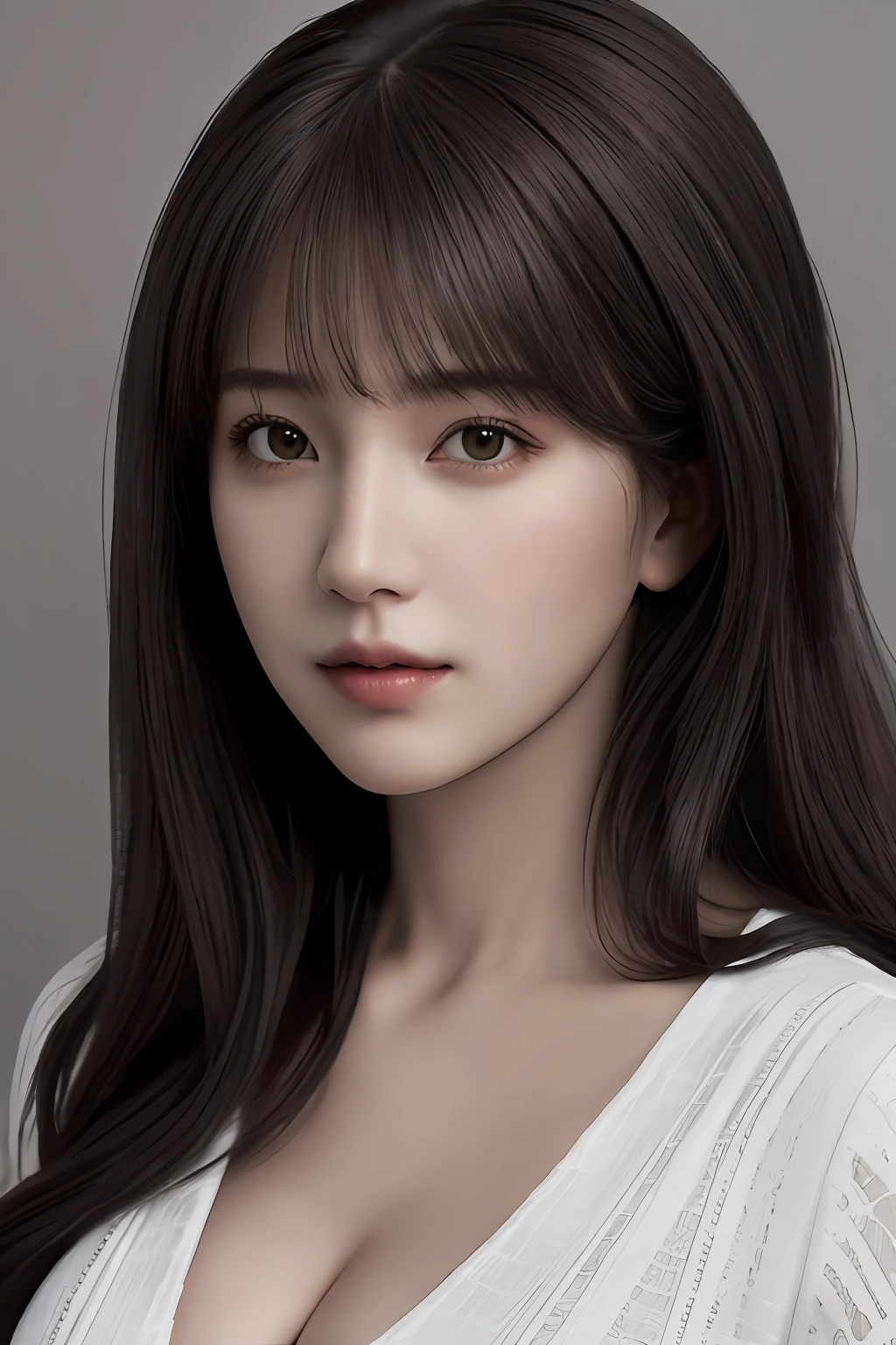 sthe highest qualit、Master Masterpiece、hyper high resolution、portrait、(photo-realistic:1.4)、RAW photograph、1girle、Side sweep bangs、Wearing a blouse、cleavage of breast、Facing the front、Detailed facial texture