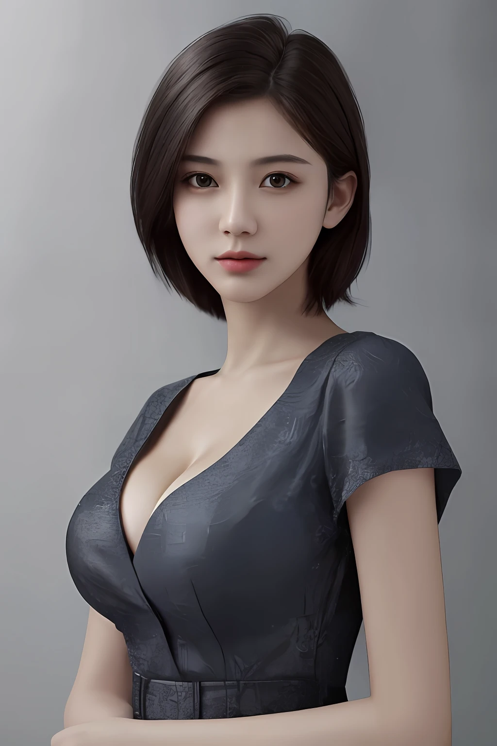maximum quality、Master Masterpiece、hyper high resolution、portrait、(photo-realistic:1.4)、RAW photograph、a 1girl、short hair、Wearing a blouse、cleavage of breast、Facing the front、Detailed facial texture