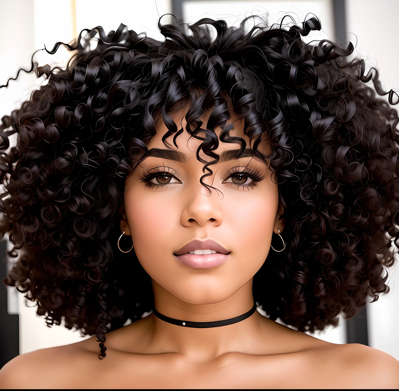 There is a woman with a very large afro with a strangulation in her neck, franja encaracolado, afro encaracolado, cabelo encaracolado preto, cabelos negros cacheados, cabelos cacheados, seu rosto emoldurado com cachos, encaracolado, cachos por cima, cabelo curto preto encaracolado, cabelo afro, curly hair, com afro, afro, cabelos escuros cacheados, curly middle part haircut, cabelos cachos