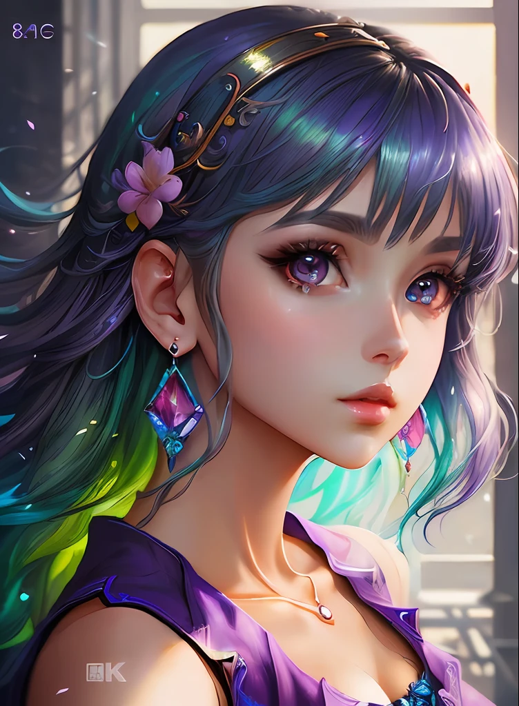 ((top-quality)), ((masterpiece)), ((realisitic)), (detaileds),anime styled、 (1人の女性)Earrings only accessories、Close up portrait of woman with greenish-purple hair color、Beautiful shining eyes, Like crystal clear glass、Casual sleeveless without collar、Summer clothes、4K high-definition digital art、stunning digital illustration、Stunning 8K artwork、colorfull digital fantasy art、Colorful and bright、beautiful digital works of art、Colorful Digital Anime Art、Portrait of beautiful woman、8K HD Digital Wallpaper Art、 Gorgeous Digital Painting