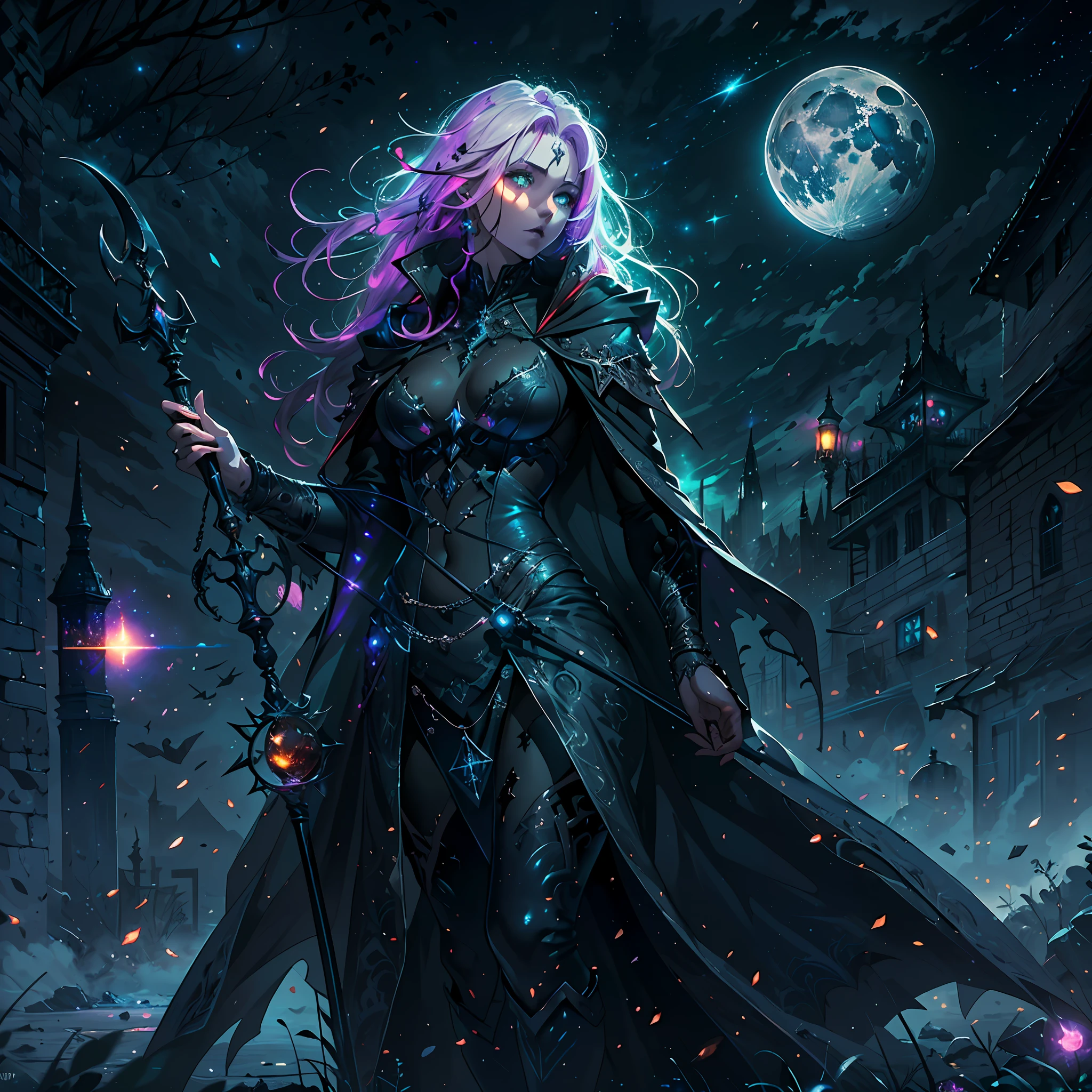 high details, best quality, 8k, [ultra detailed], masterpiece, best quality, (extremely detailed), dynamic angle, ultra wide shot, photorealistic, dark fantasy art,  gothic art, dark RPG art, realistic art, an ultra wide picture of female human cleric,, very beautiful female woman (intense details, Masterpiece, best details: 1.5),  holding a spear, wearing black cloak, black leather suit, with stars sigils (intense details, Masterpiece, best details: 1.5), high heeled boots, holy symbol casting a spell, white magical sigils (intense details, Masterpiece, best details: 1.5), stars and moon symbol, blue light from symbol, blond hair (intense details, Masterpiece, best details: 1.5), long hair, braided hair, small, intense eyes, green eyes, moon and stars background, (( goth worship atmosphere)), moon light high details, best quality, highres, ultra wide angle