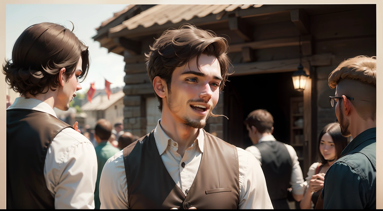 A young peasant man talking to people, celebrating and happy