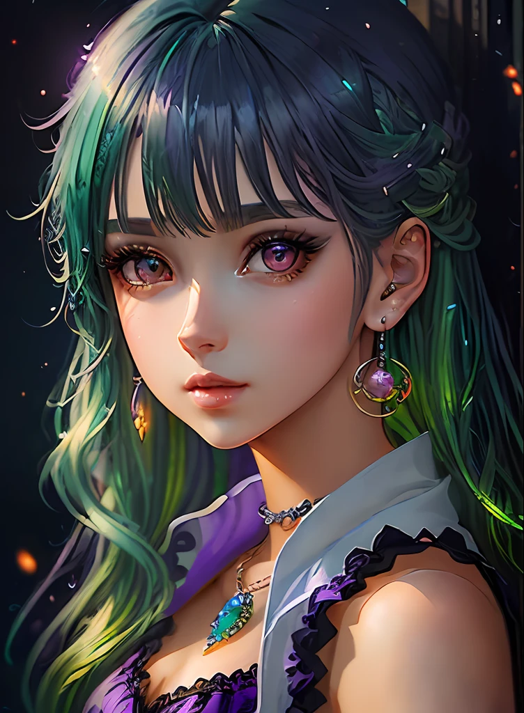 ((top-quality)), ((masterpiece)), ((realisitic)), (detaileds),animesque、anime styled、 (1人の女性)Earrings only accessories、Close up portrait of woman with greenish-purple hair color、Beautiful shining eyes, Like crystal clear glass、Casual sleeveless without collar、Summer clothes、4K high-definition digital art、stunning digital illustration、Stunning 8K artwork、colorfull digital fantasy art、Colorful and bright、beautiful digital works of art、Colorful Digital Anime Art、Portrait of beautiful woman、8K HD Digital Wallpaper Art、 Gorgeous Digital Painting