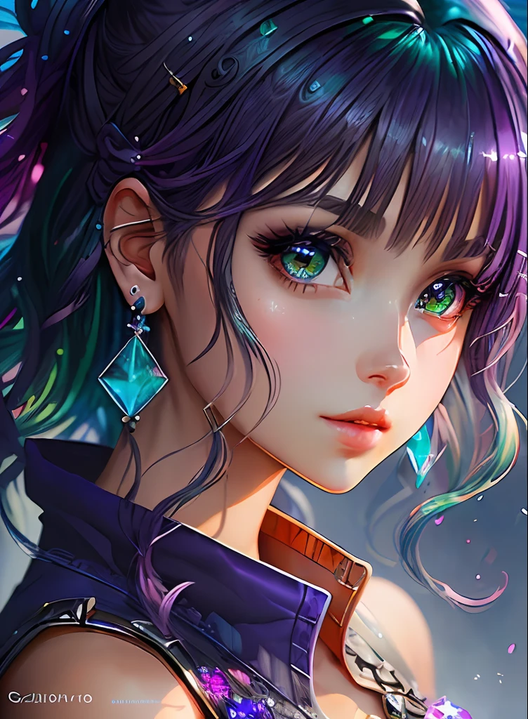((top-quality)), ((masterpiece)), ((realisitic)), (detaileds),animesque、anime styled、 (1人の女性)Earrings only accessories、Close up portrait of woman with greenish-purple hair color、Beautiful shining eyes, Like crystal clear glass、Casual sleeveless without collar、Summer clothes、4K high-definition digital art、stunning digital illustration、Stunning 8K artwork、colorfull digital fantasy art、Colorful and bright、beautiful digital works of art、Colorful Digital Anime Art、Portrait of beautiful woman、8K HD Digital Wallpaper Art、 Gorgeous Digital Painting