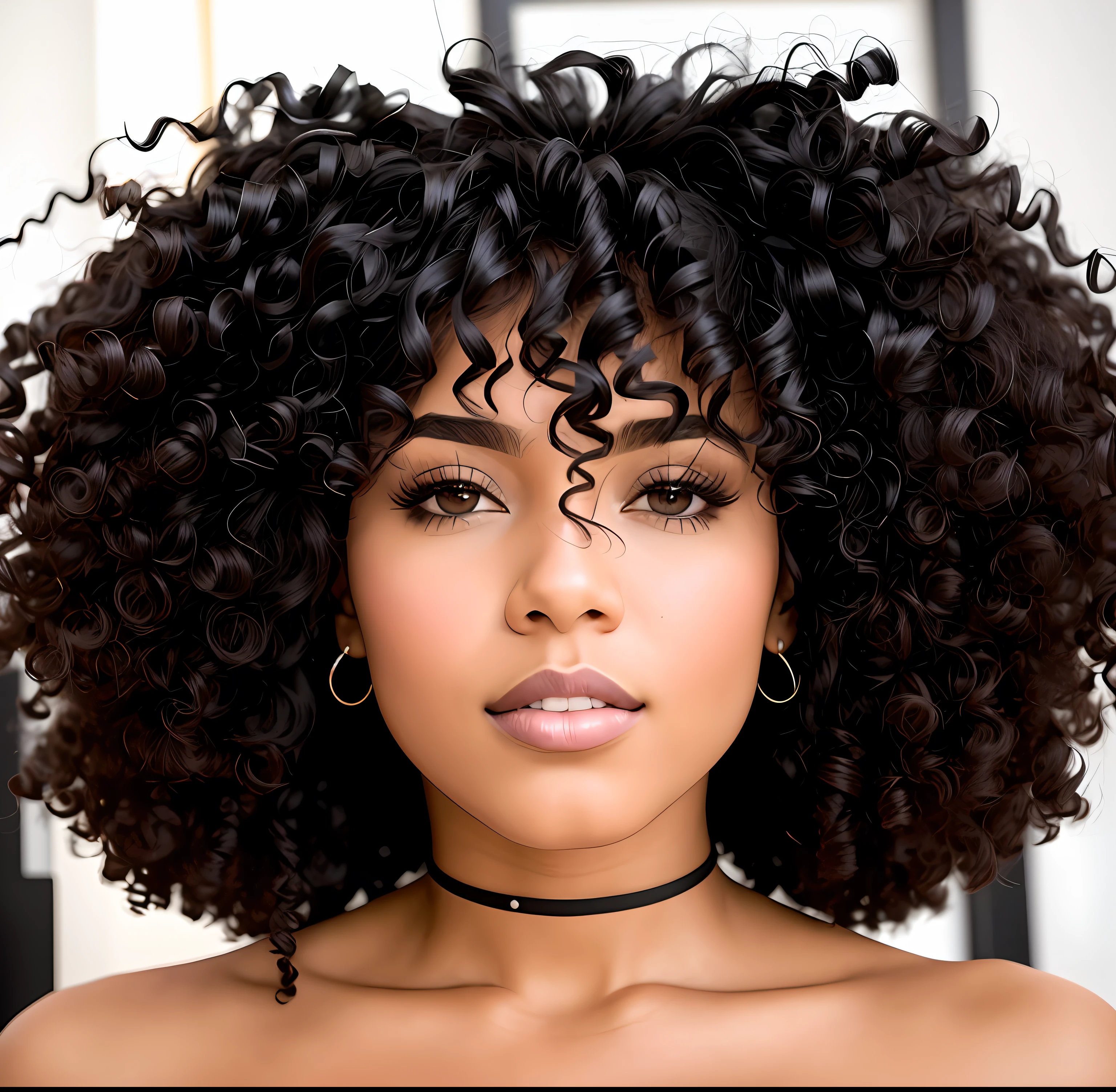 There is a woman with a very large afro with a strangulation in her neck, franja encaracolado, afro encaracolado, cabelo encaracolado preto, cabelos negros cacheados, cabelos cacheados, seu rosto emoldurado com cachos, encaracolado, cachos por cima, cabelo curto preto encaracolado, cabelo afro, curly hair, com afro, afro, cabelos escuros cacheados, curly middle part haircut, cabelos cachos