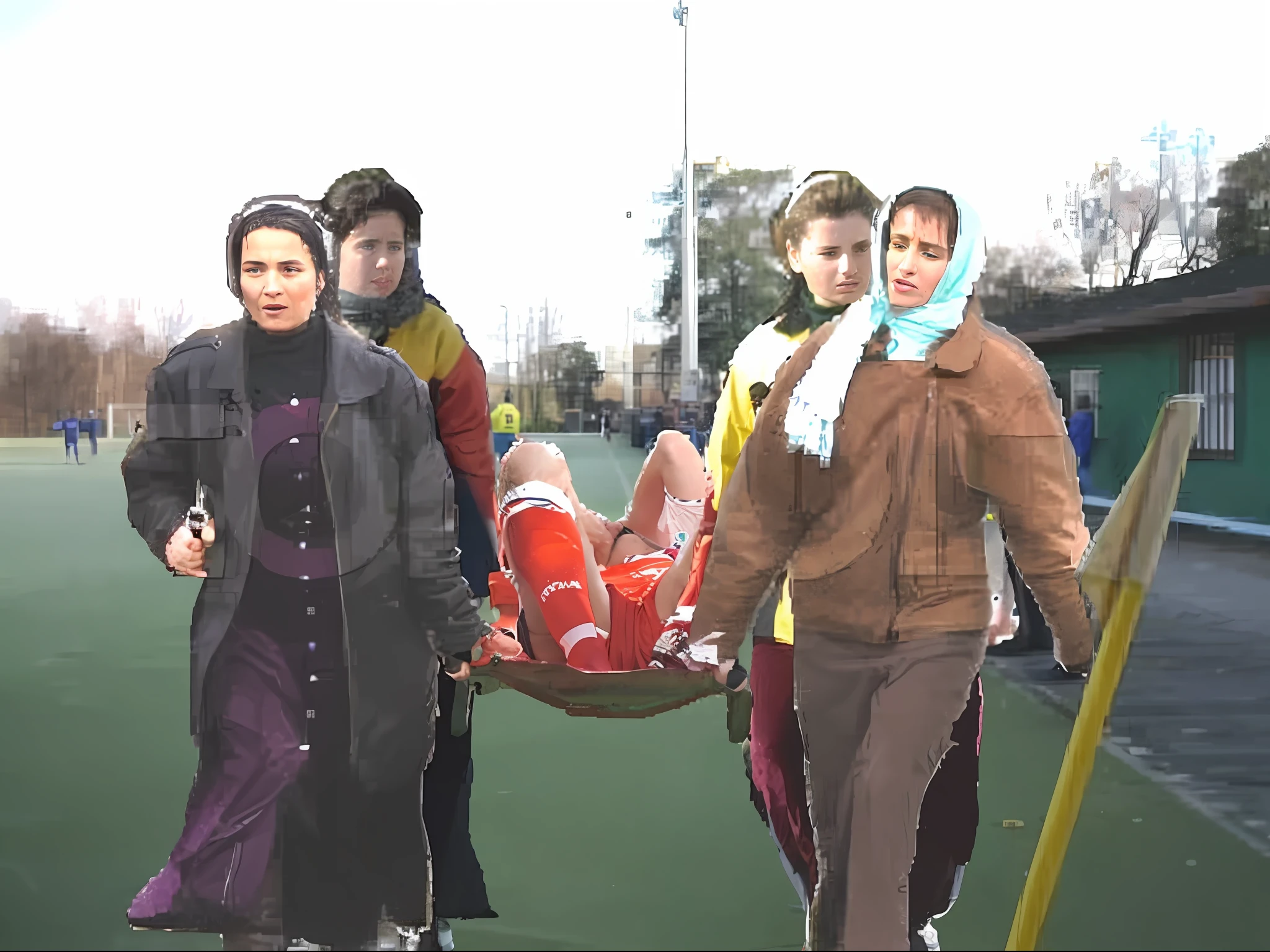 a soccer scene in a sports stadium, cool and wet weather conditions, humide ground, rainy sky, injury scene in a sports stadium, stretcher carry, there are four female medics carrying a stretcher, there are four female medics in very shiny coats who are carrying a stretcher in a sports stadium, there is a wounded male soccer player in a matte short cotton sports outfit lying on the stretcher, an injured male soccer player in matte cotton sportswear is lying in pain on a stretcher, a soccer player in matte cotton sports clothes is rearing up in intense pain while lying on a stretcher, dramatic scene, theatralic posing scene, dramatic pity scene, injury soccer, first aid, help, pity, there are four female medics in wetlook high-shine coats who are looking very sad and very terrified and very shocked, the injured soccer player is screaming out in pain while he is carried from the pitch on a stretcher