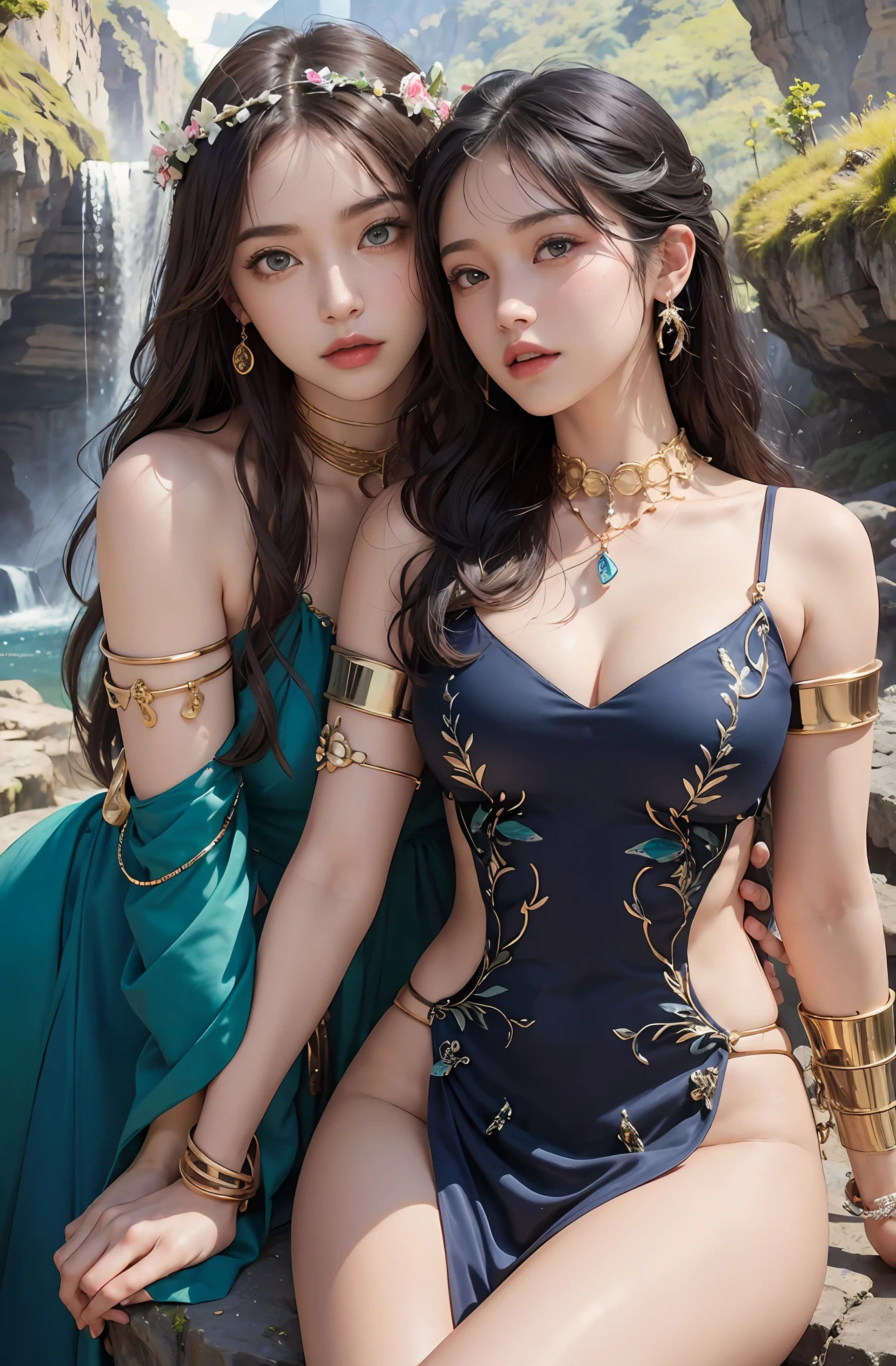 8K Raw photograph,2girls,duo,{2 beautiful women}, best qualtiy,Masterpiece, 超高分辨率,filmgrain,cinematic ligh,looking at viewert,Natural skin texture,Realistic Eyes and Face Details,((Realistic:1.5)),Ulzzang-6500:1.4,((Best quality)), ((Masterpiece)),((Detailed)),(Upper body:1.3),Hug and touch each other, Tease your friend's waist, Breathless friends, Biting a friend's earlobe, crouched,super wide shot,Face focus, Long legs,Curvy, Barefoot,Wide hips, Thin legs, Oversized eyes,Long eyelashes, (Detailed face,beautidful eyes, detailedpupils,detailed clothes features, Clear background:1.3), (armlets, bangle:1.3), Mysterious ancient ruins, floresta exuberante, Deep canyon,bridge,River,cliff,Cloud,lakes,Rock music,Waterfalls, Flowers, Grass,grape trees,tree,bright detail,Sharp,Perfect compounding, Intricate, Sharp focus, Dramatic,