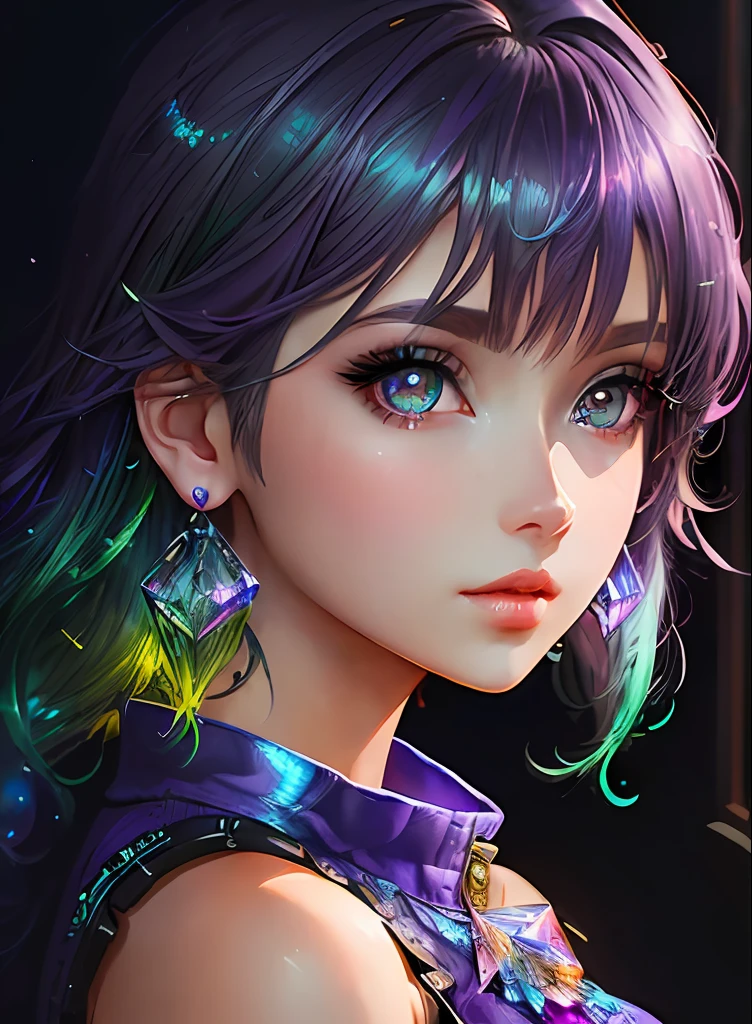 ((top-quality)), ((​masterpiece)), ((realisitic)), (detaileds),animesque、anime styled、 (1人の女性）Earrings only accessories、Close up portrait of woman with greenish-purple hair color、Beautiful shining eyes, Like crystal clear glass、Casual sleeveless without collar、Summer clothes、4K high-definition digital art、stunning digital illustration、Stunning 8K artwork、colorfull digital fantasy art、Colorful and bright、beautiful digital works of art、Colorful Digital Anime Art、Portrait of beautiful woman、8K HD Digital Wallpaper Art、 Gorgeous Digital Painting