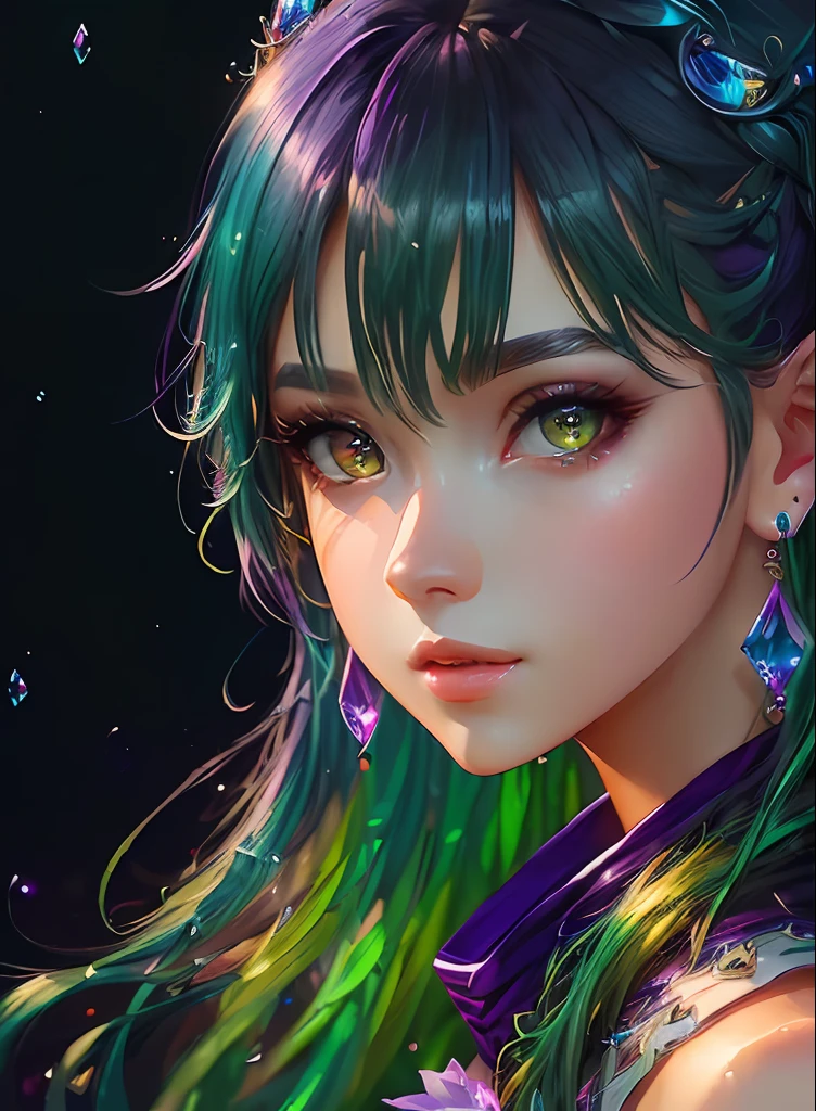 ((top-quality)), ((​masterpiece)), ((realisitic)), (detaileds),animesque、anime styled、 (1人の女性）Earrings only accessories、Close up portrait of woman with greenish-purple hair color、Beautiful shining eyes, Like crystal clear glass、Casual sleeveless without collar、Summer clothes、4K high-definition digital art、stunning digital illustration、Stunning 8K artwork、colorfull digital fantasy art、Colorful and bright、beautiful digital works of art、Colorful Digital Anime Art、Portrait of beautiful woman、8K HD Digital Wallpaper Art、 Gorgeous Digital Painting