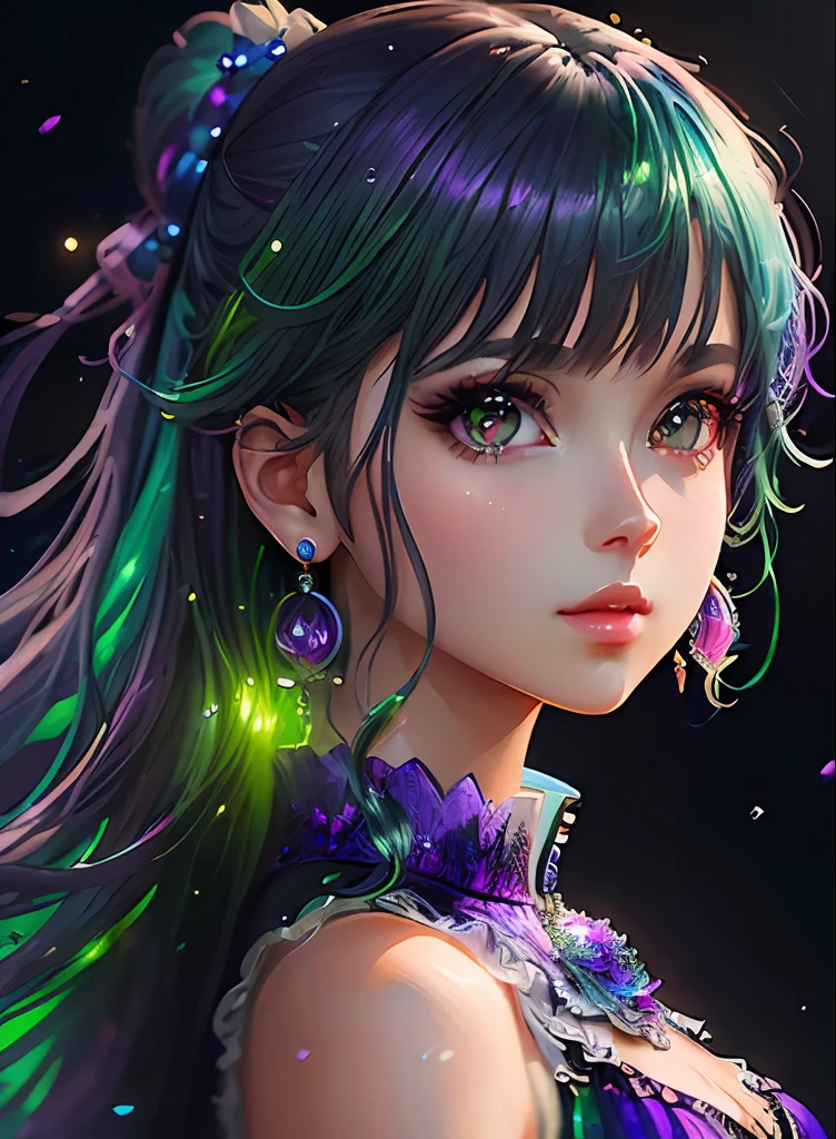 ((top-quality)), ((masterpiece)), ((realisitic)), (detaileds),animesque、anime styled、 (1人の女性)Earrings only accessories、Close up portrait of woman with greenish-purple hair color、Beautiful shining eyes, Like crystal clear glass、Casual sleeveless without collar、Summer clothes、4K high-definition digital art、stunning digital illustration、Stunning 8K artwork、colorfull digital fantasy art、Colorful and bright、beautiful digital works of art、Colorful Digital Anime Art、Portrait of beautiful woman、8K HD Digital Wallpaper Art、 Gorgeous Digital Painting